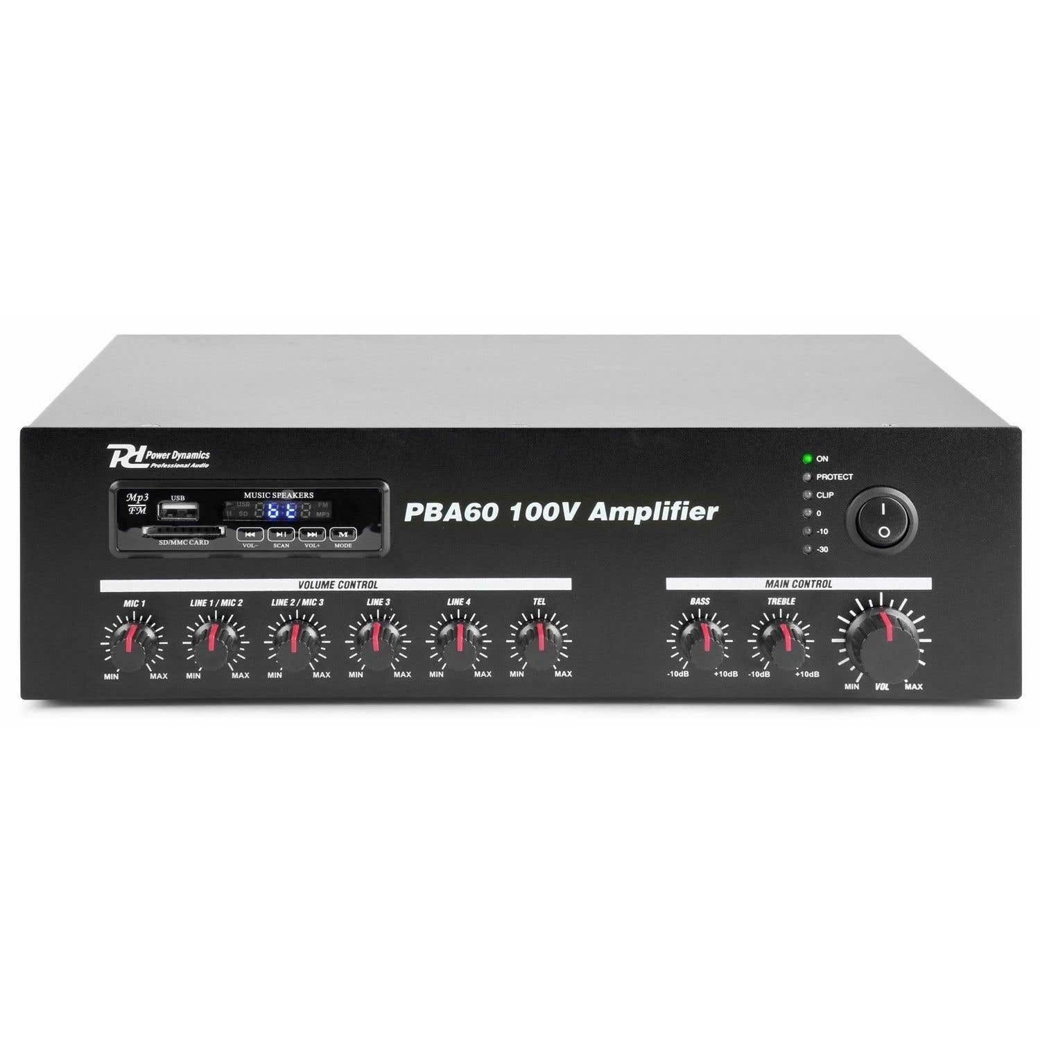 Power Dynamics PBA60 100V versterker 60W met mp3 speler, tuner en Bluetooth