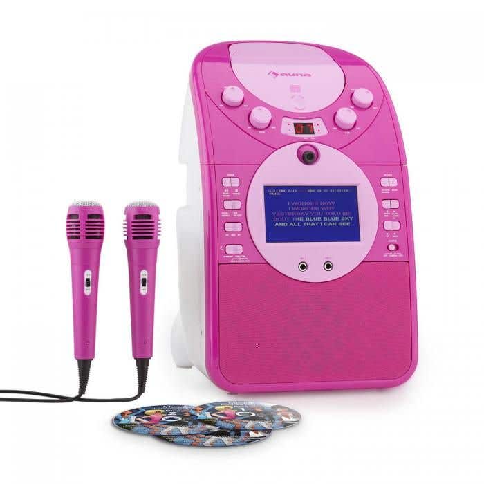 Auna ScreenStar roze karaoke set met camera, kleurenscherm, CD+G, mp3 en 2 microfoons
