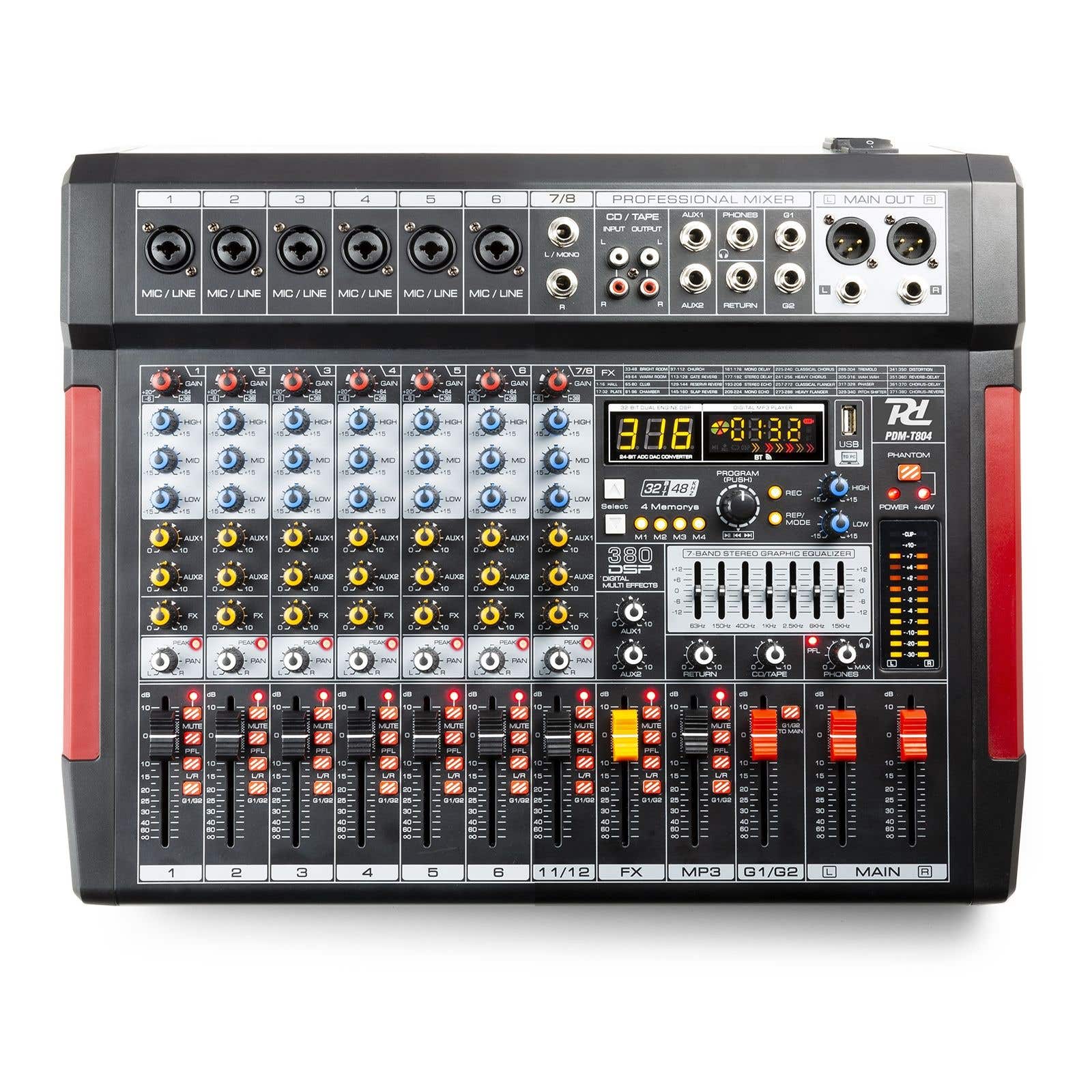 Power Dynamics PDM-T804 - 8-kanaals mengtafel met Bluetooth, 380 effecten, mp3 speler en meer