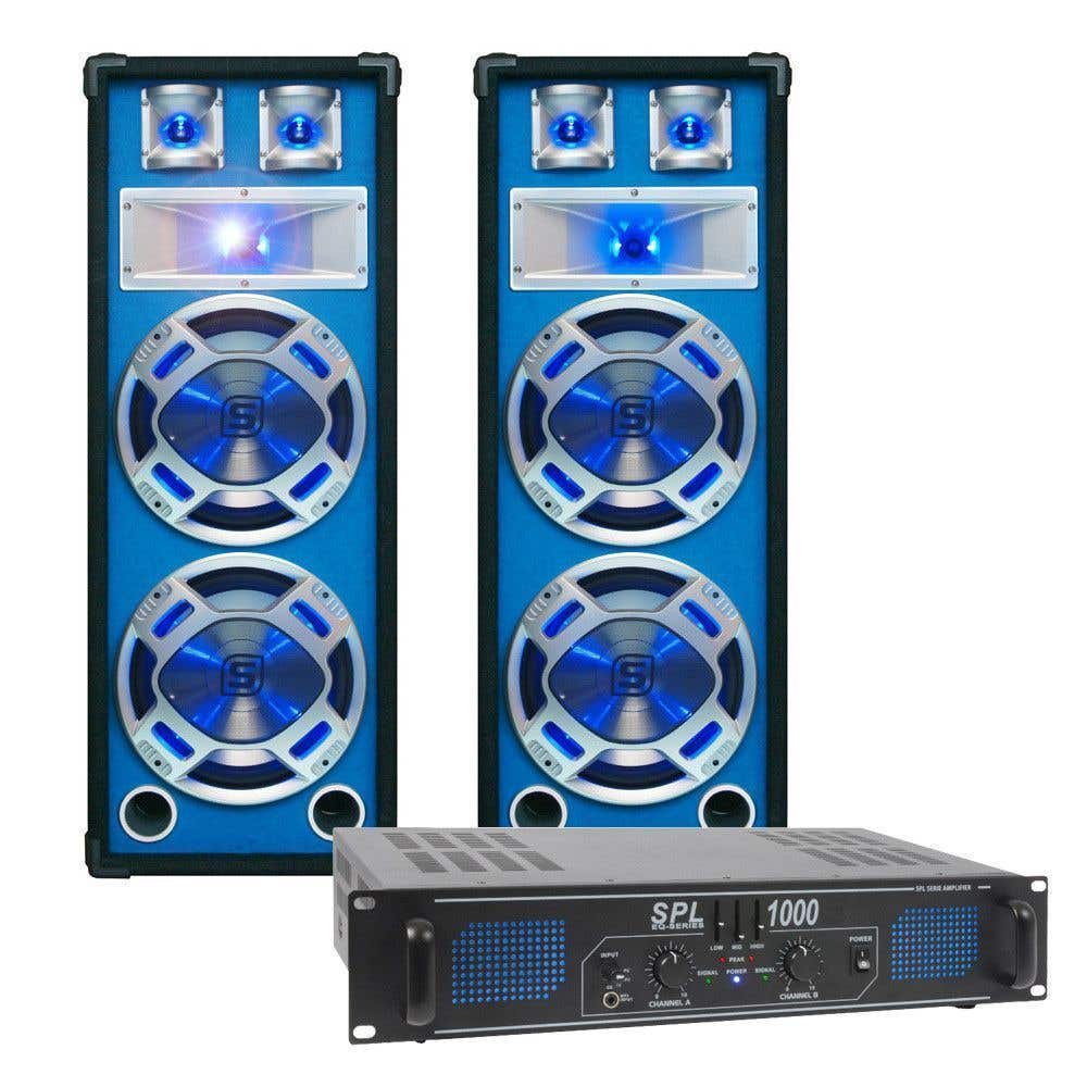 SkyTec blauw Complete 1000W DJ Set met PA Versterker en Disco LED Luidsprekers