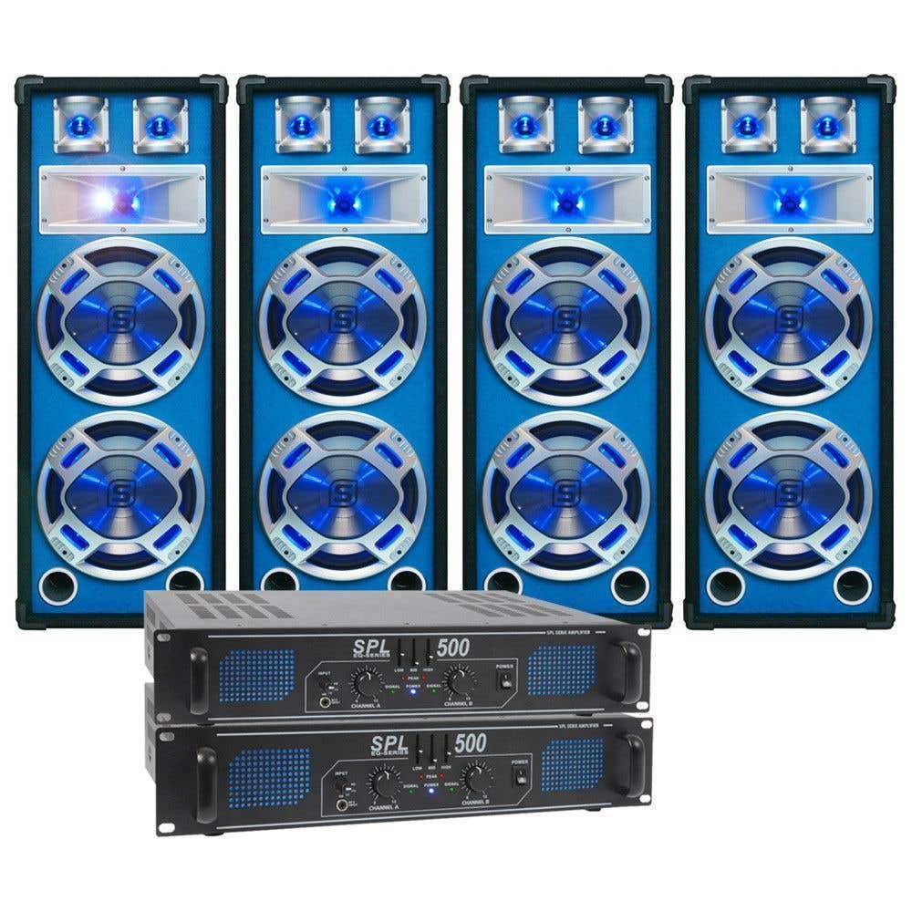 SkyTec blauw Complete 2400W DJ Set met 2 PA versterkers en 4 Disco LED Luidsprekers
