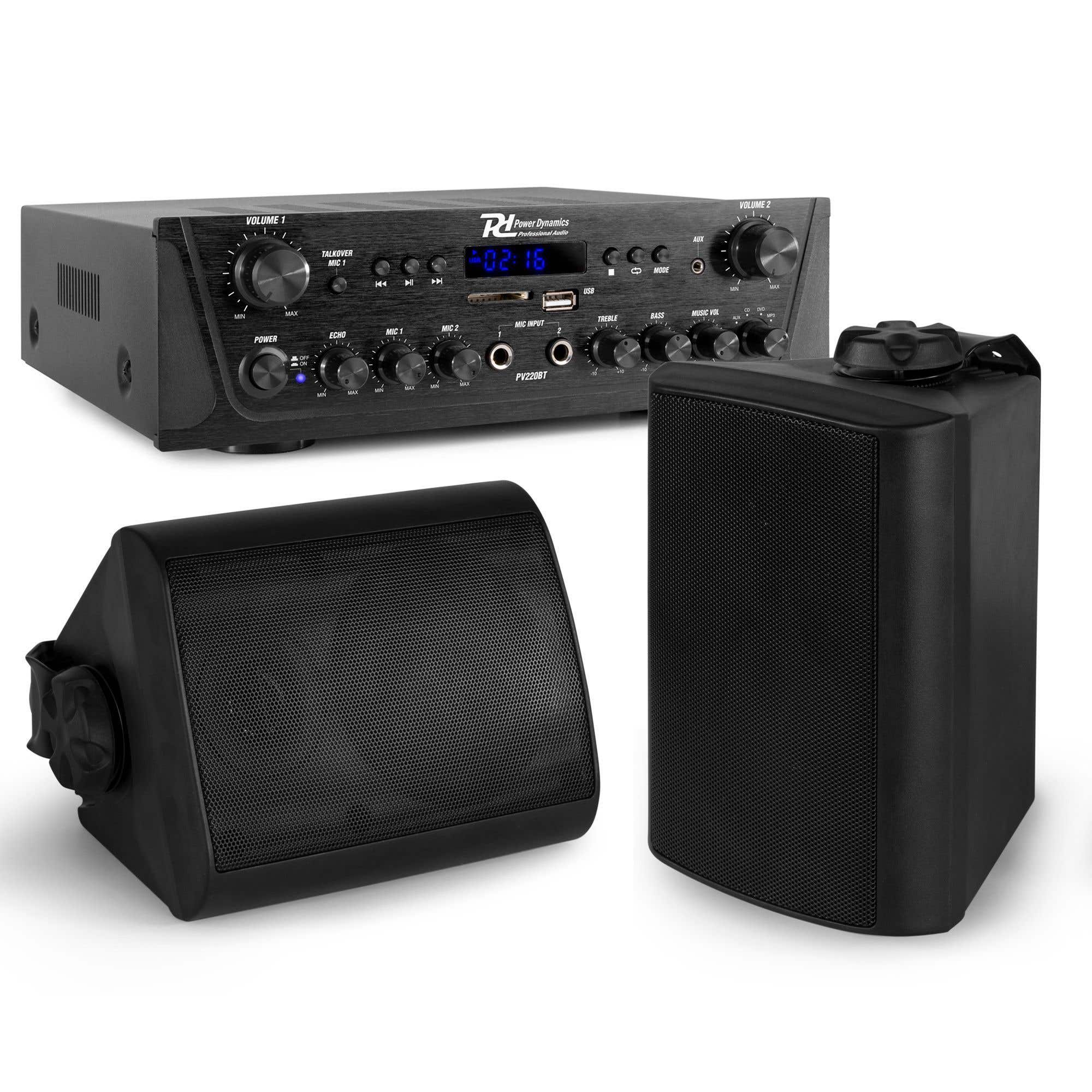Buiten speakers - Power Dynamics BT10 audio versterker met Bluetooth en 2 zwarte 4'' weerbestendige speakers