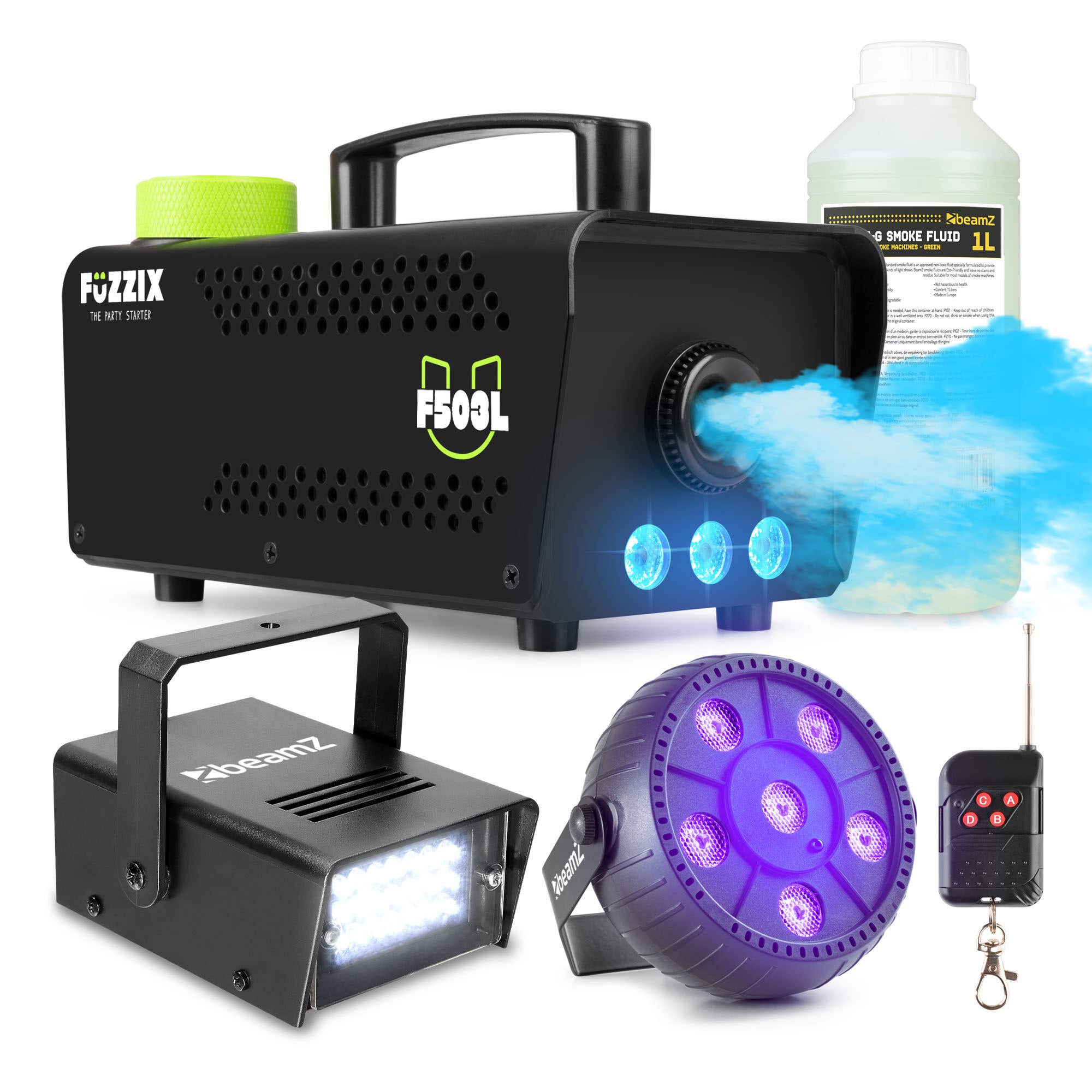 Partyset met Fuzzix F503L Rookmachine - 1L Rookvloeistof - 1x Strobo en 1x Blacklight op accu