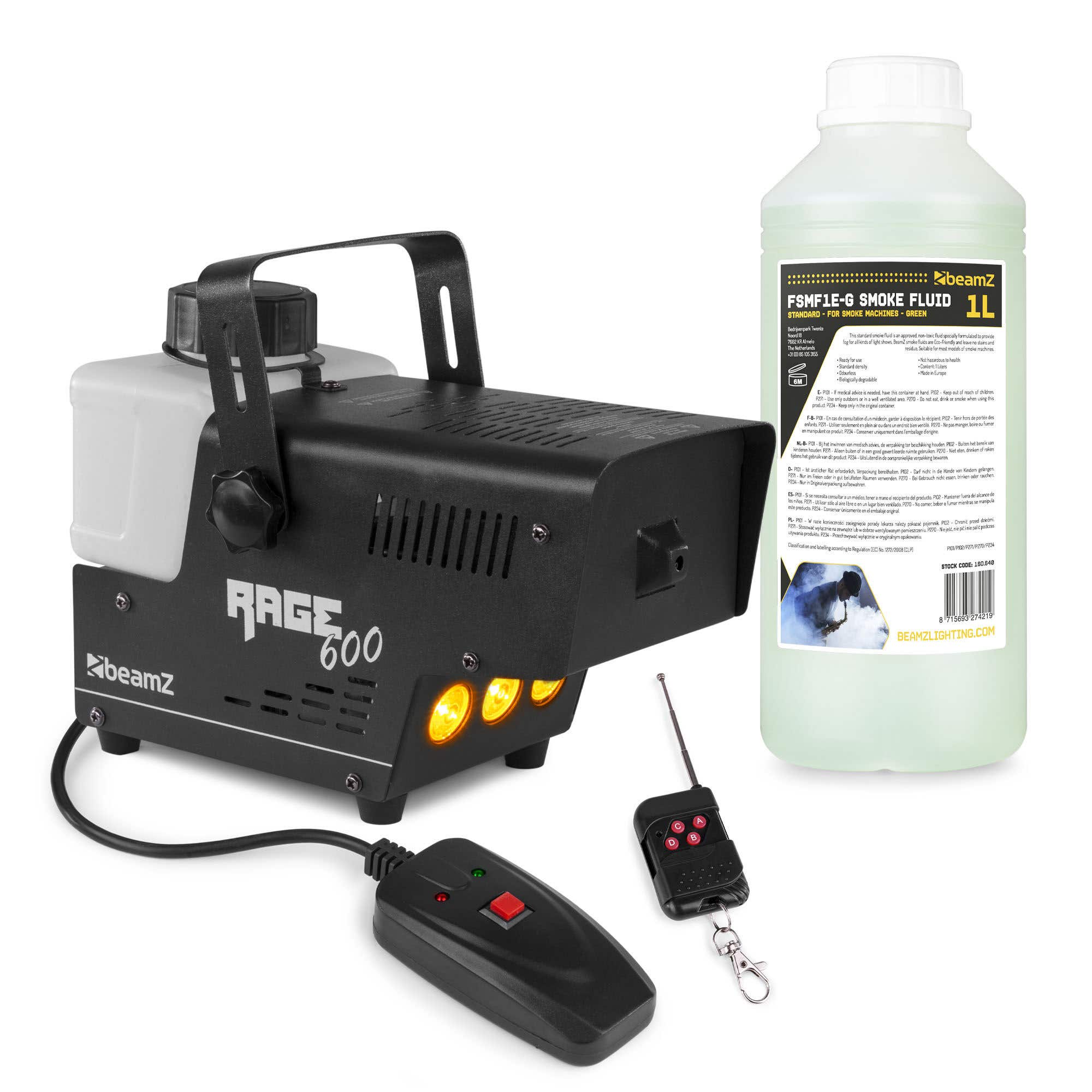 BeamZ RAGE600LED rookmachine met 1 liter rookvloeistof en draadloze afstandsbediening - 600W