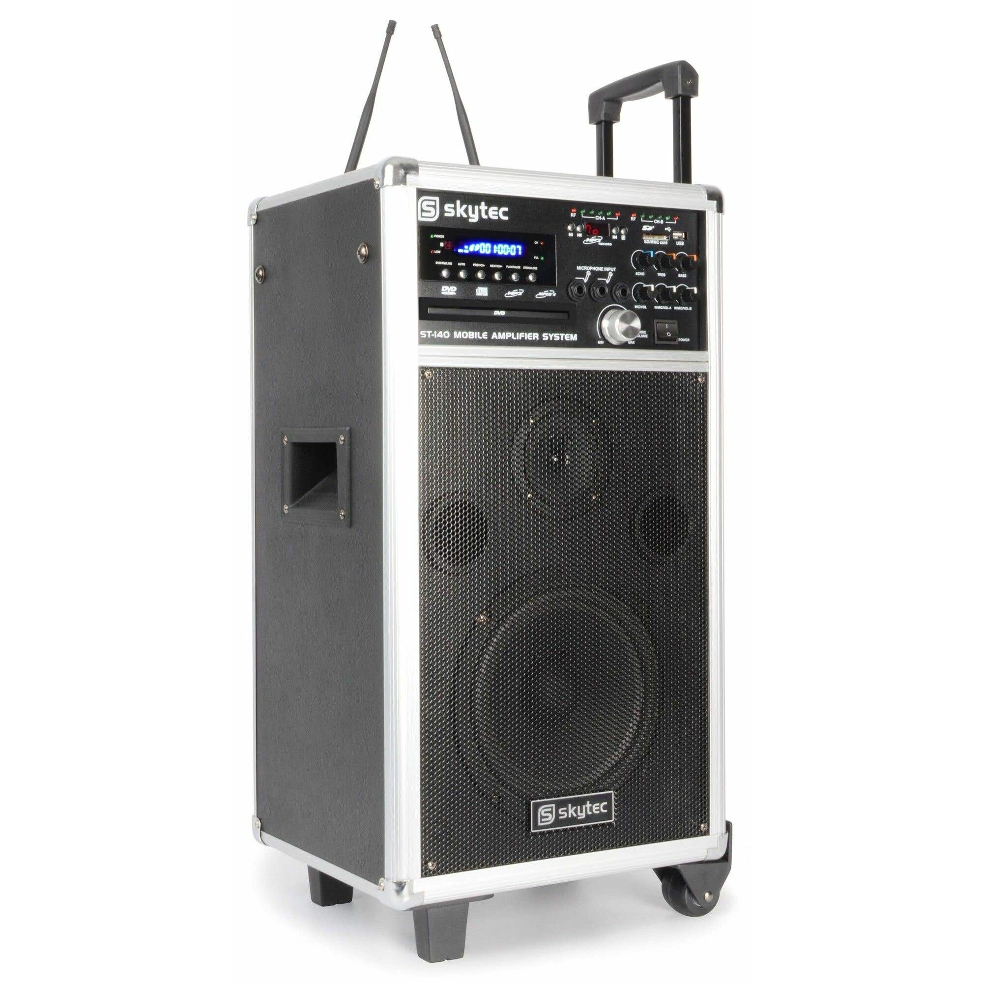 Mobiele geluidsinstallatie van SkyTec ST140 met Accu, Draadloze UHF microfoons, DVD USB MP3