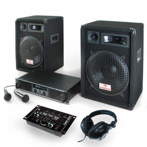 Complete DJ Set 600W - PA Boxen, Versterker, Mixer, headset, Mic Installatie