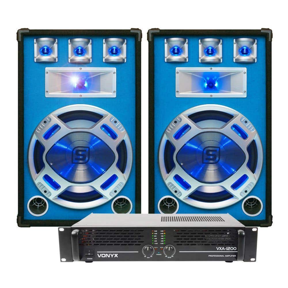SkyTec DJ Set LED15 1600W PA Versterker met Disco Luidsprekers MKII