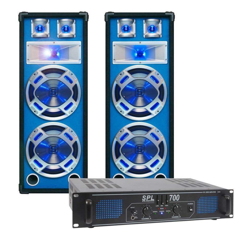 SkyTec blauw Complete 600W DJ Set met PA Versterker en Disco LED Luidsprekers