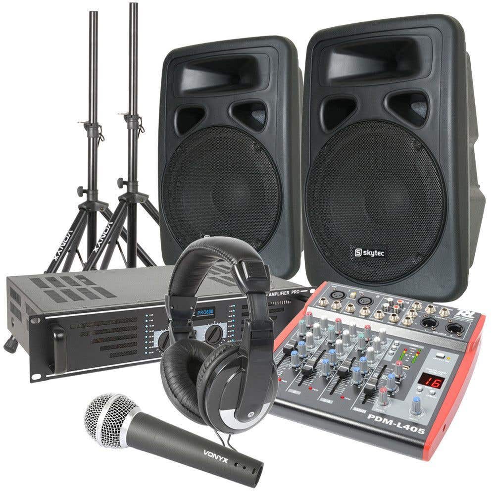 SkyTec Mobiele 600W PA Set Compleet met Speakers, Versterker, Mixer, Microfoon, Koptelefoon en Statieven