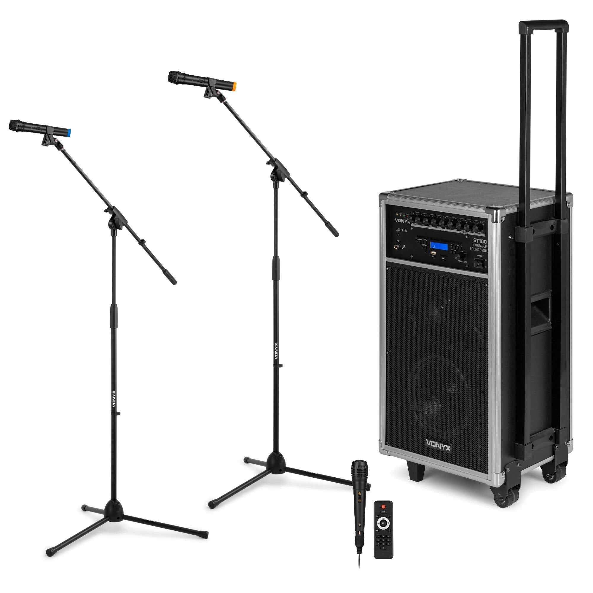 Vonyx ST100 Mobiele installatie met accu, draadloze microfoons en twee microfoonstandaards