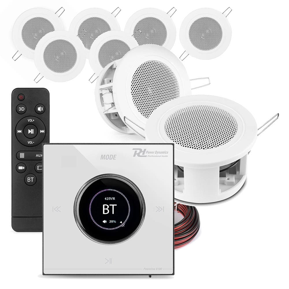 Power Dynamics set van 8 CSBA3L plafondspeakers met de B100W inbouw versterker - Bluetooth - 4x 25W