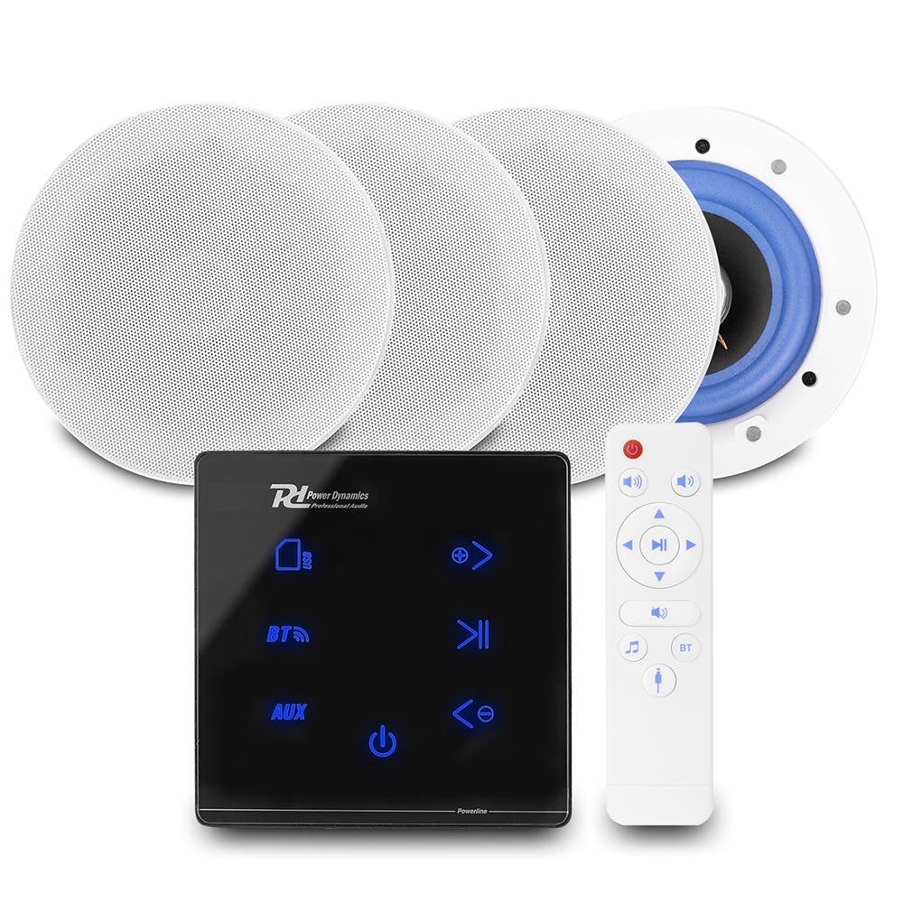 Power Dynamics set van 4 ESCS5 plafondspeakers met de A100B inbouw versterker - Bluetooth - 4x 20W