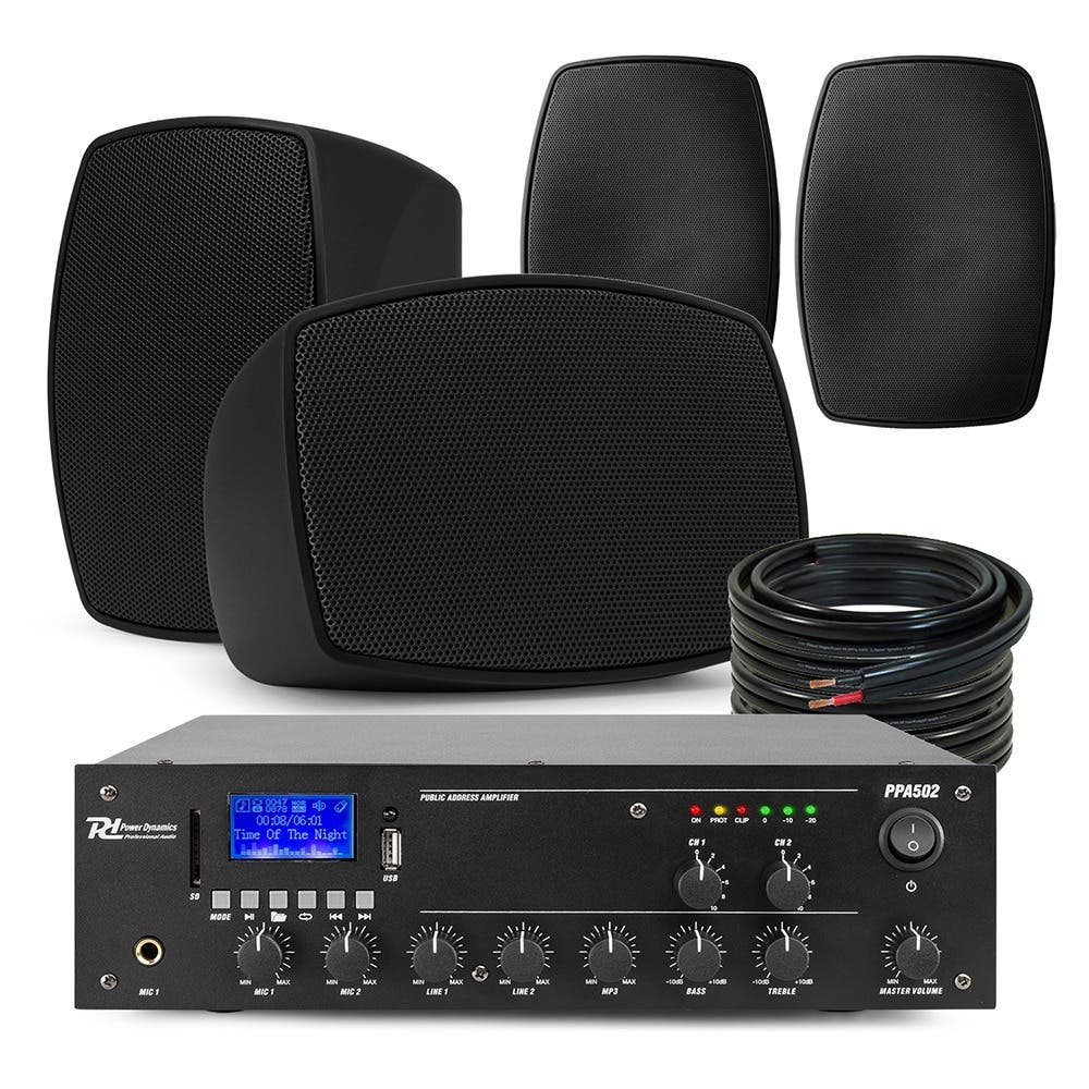 Power Dynamics set van 4 buiten speakers en 2-zone 100V versterker met Bluetooth - Zwart 
