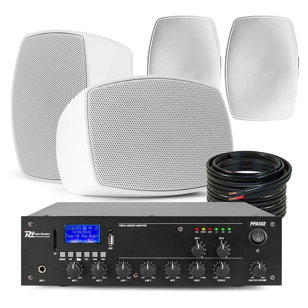 Power Dynamics set van 4 buiten speakers en 2-zone 100V versterker met Bluetooth - Wit