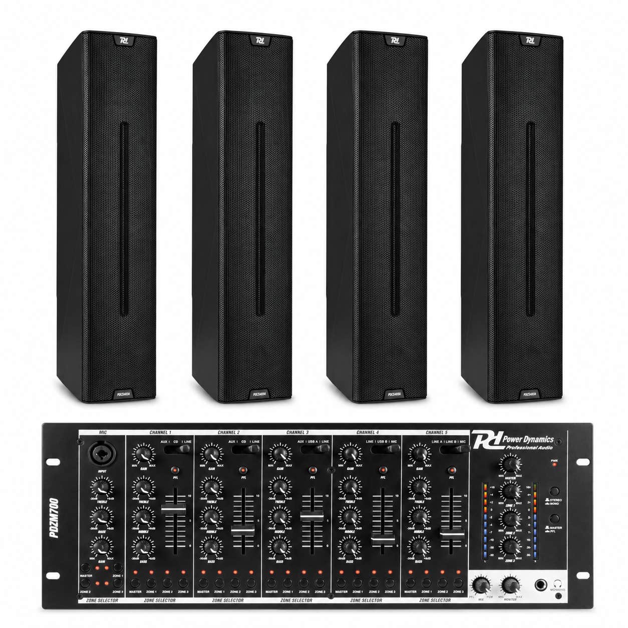 Power Dynamics professionele geluidsinstallatie voor horeca - 4 actieve speakers en mixer - Zwart