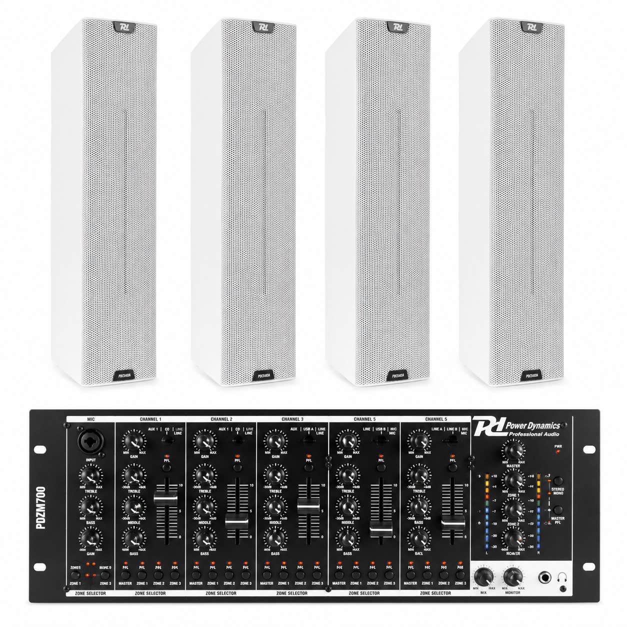 Power Dynamics professionele geluidsinstallatie voor horeca - 4 actieve speakers en mixer - Wit