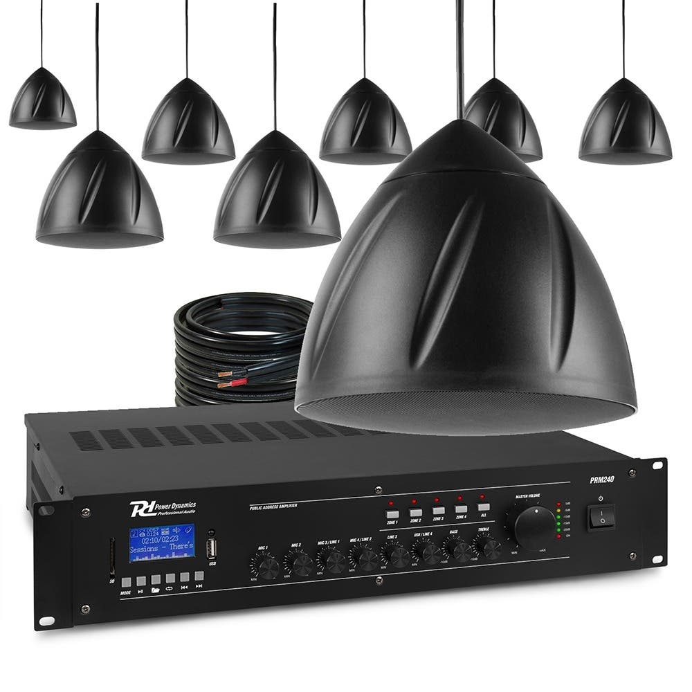 Power Dynamics 100V geluidsinstallatie met 8 hangende speakers en 4-zone versterker - 240W - Zwart