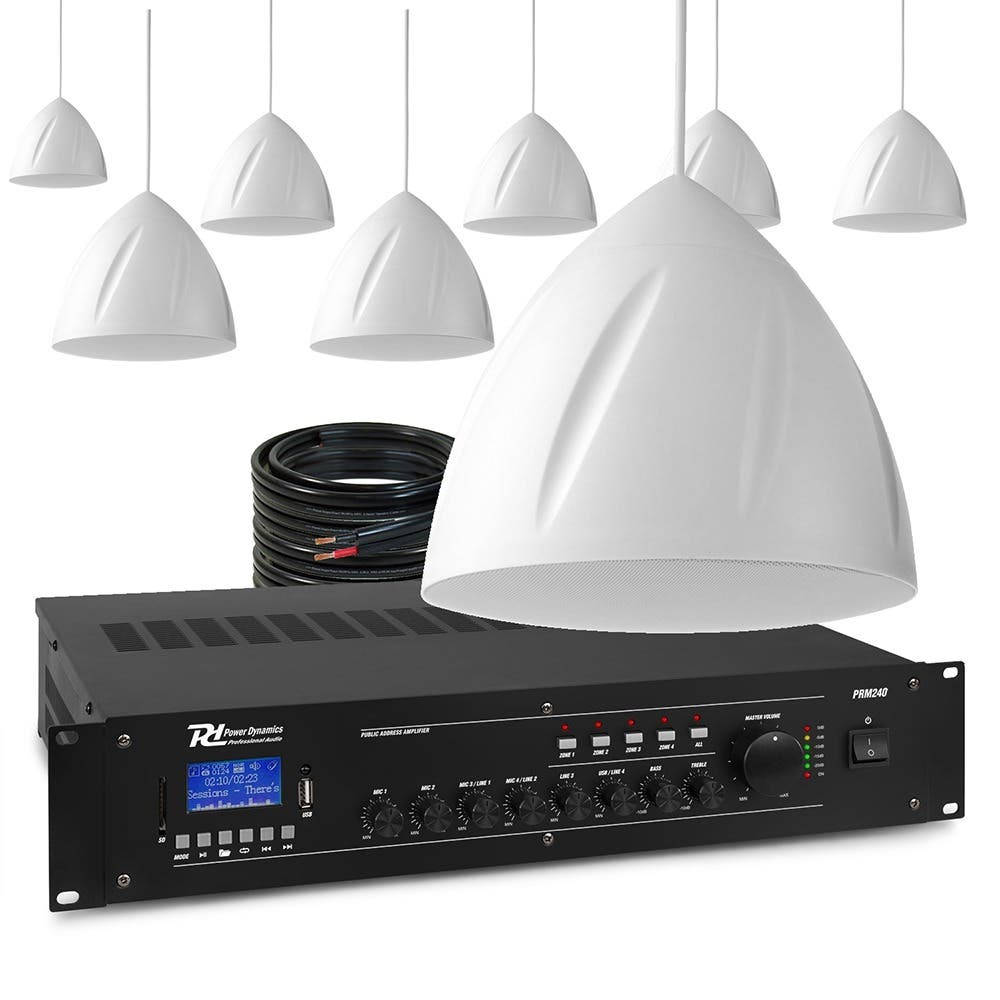 Power Dynamics 100V geluidsinstallatie met 8 hangende speakers en 4-zone versterker - 240W - Wit