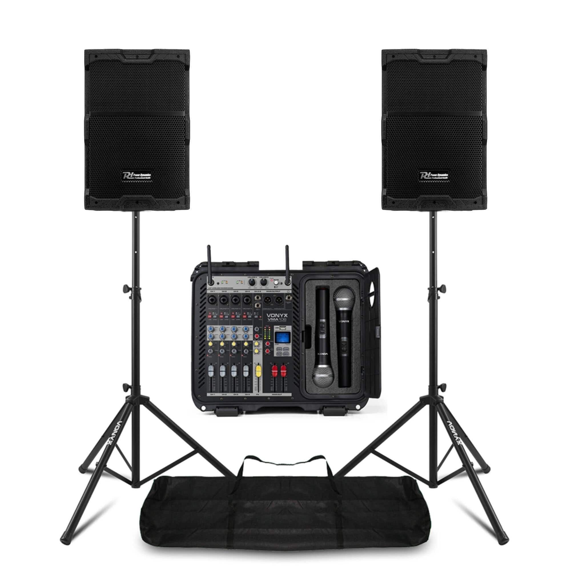 Power Dynamics Volledig PA systeem met 10 inch speakers, mixer, draadloze microfoons en statieven