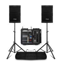 Power Dynamics Volledig PA systeem met 10 inch speakers, mixer, draadloze microfoons en statieven