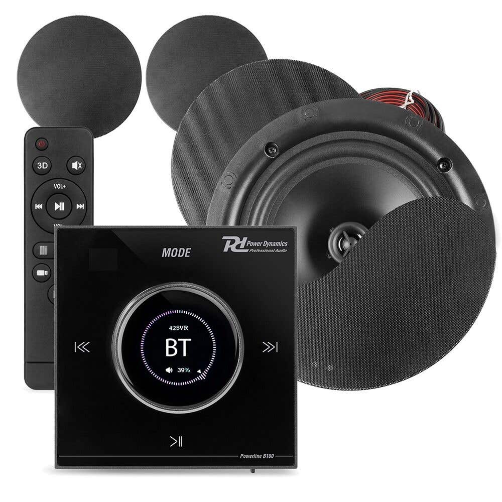 Power Dynamics Powerline B100B inbouw versterker met 4 plafondspeakers - 6.5 inch - 4x 25W - Zwart