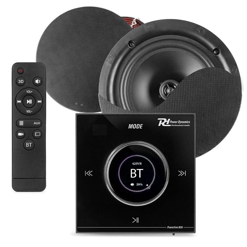 Power Dynamics Powerline B50B inbouw versterker met 2 plafondspeakers - 6.5 inch - 2x 25W - Zwart
