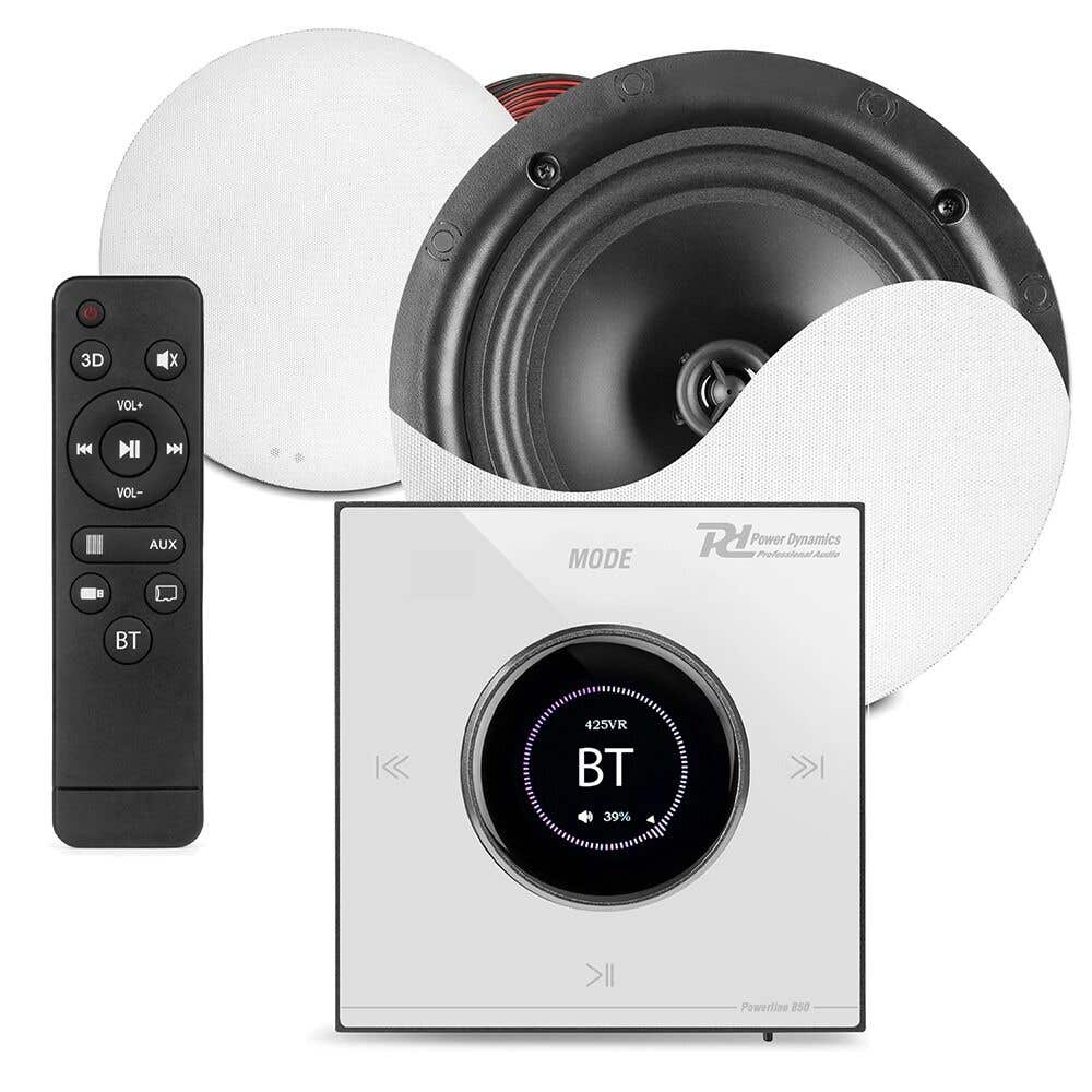 Power Dynamics Powerline B50W inbouw versterker met 2 plafondspeakers - 6.5 inch - 2x 25W - Wit