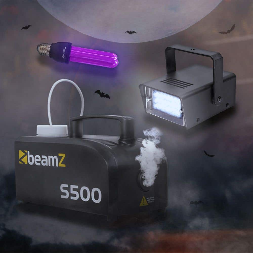 BeamZ Halloween Effectset met Rookmachine, LED Stroboscoop, UV Blacklight en Gratis Rookvloeistof
