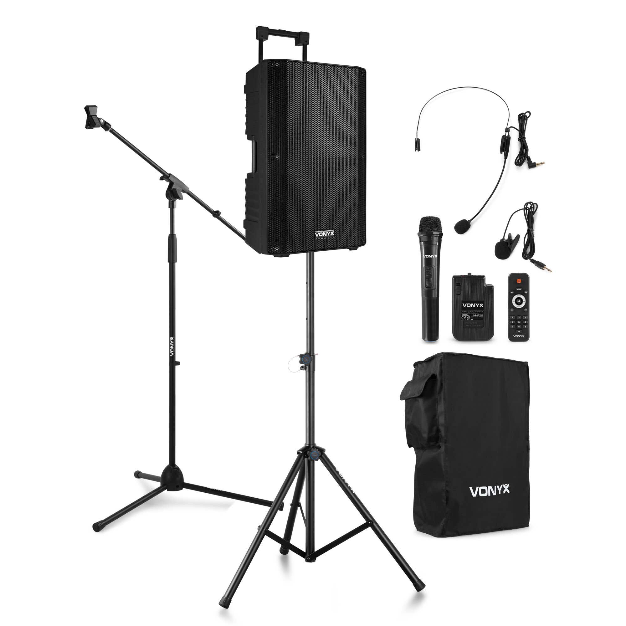 Vonyx VSA700-BP speaker set met beschermhoes, luidsprekerstatief en microfoonstandaard - 1000W