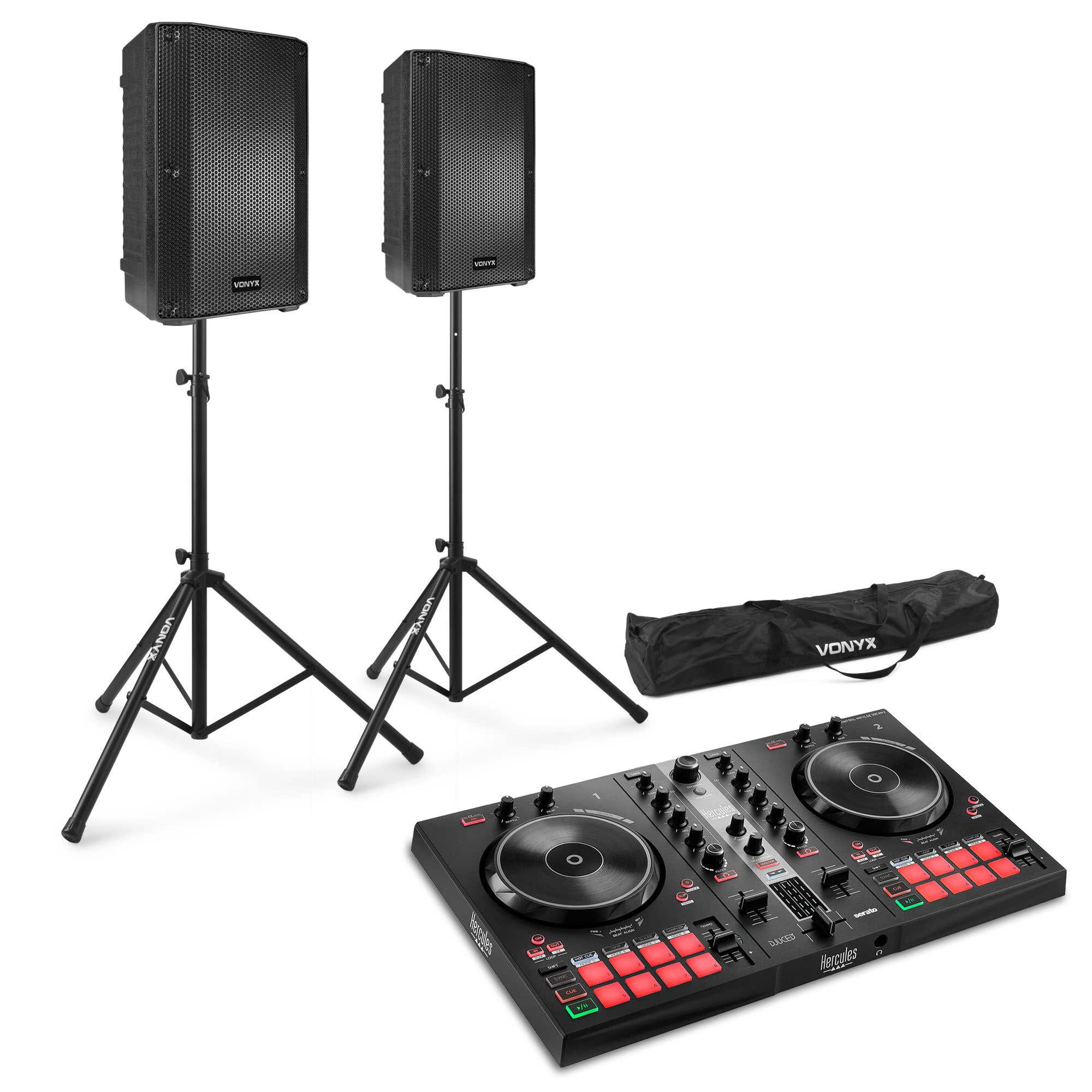 Hercules DJControl Inpulse 300 MK2 set met 500W actieve VSA10BT speakers en statieven
