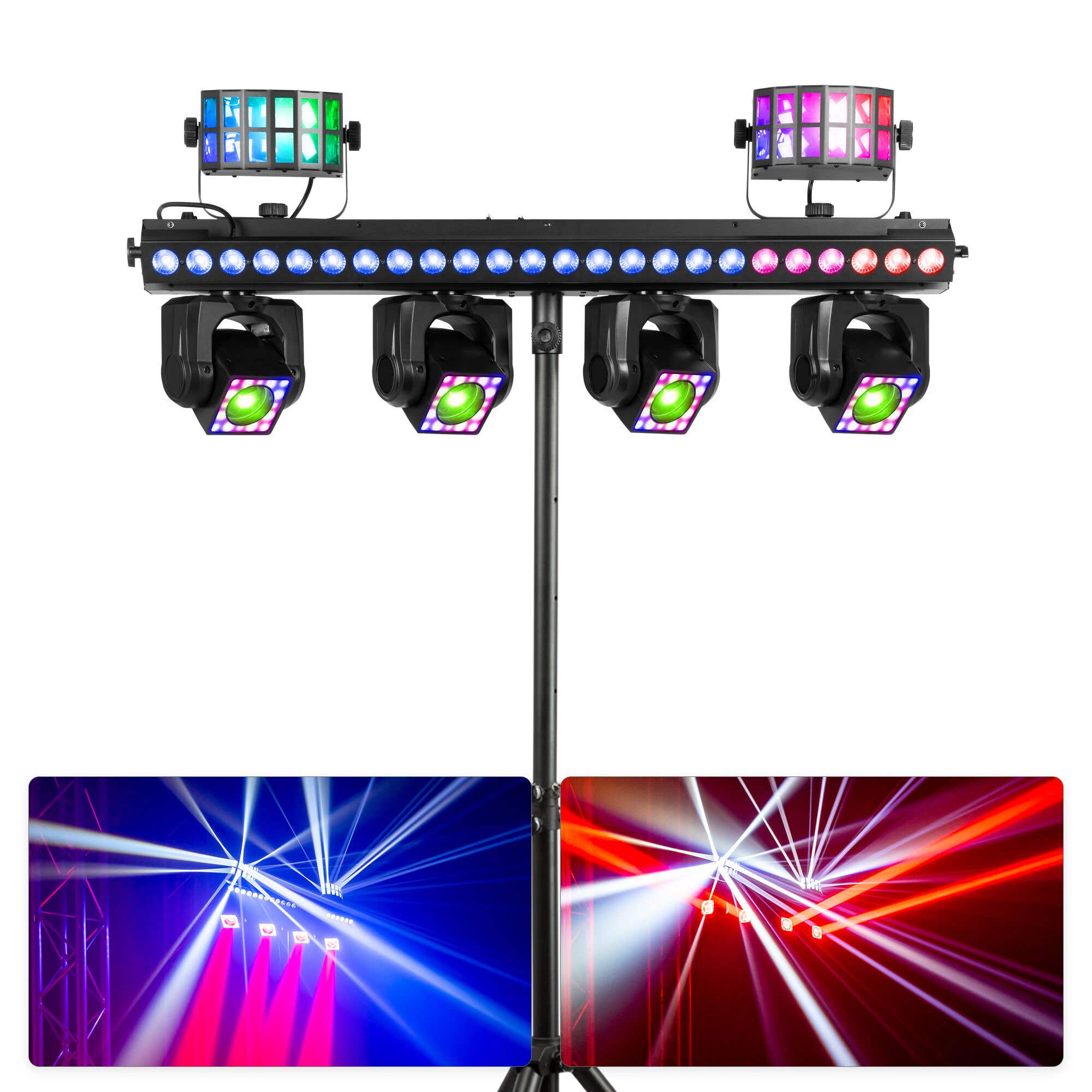 BeamZ ShowBar GO Ultra - Moving head bar met standaard - 4 Moving heads, LED bar en Derby’s - RGBW