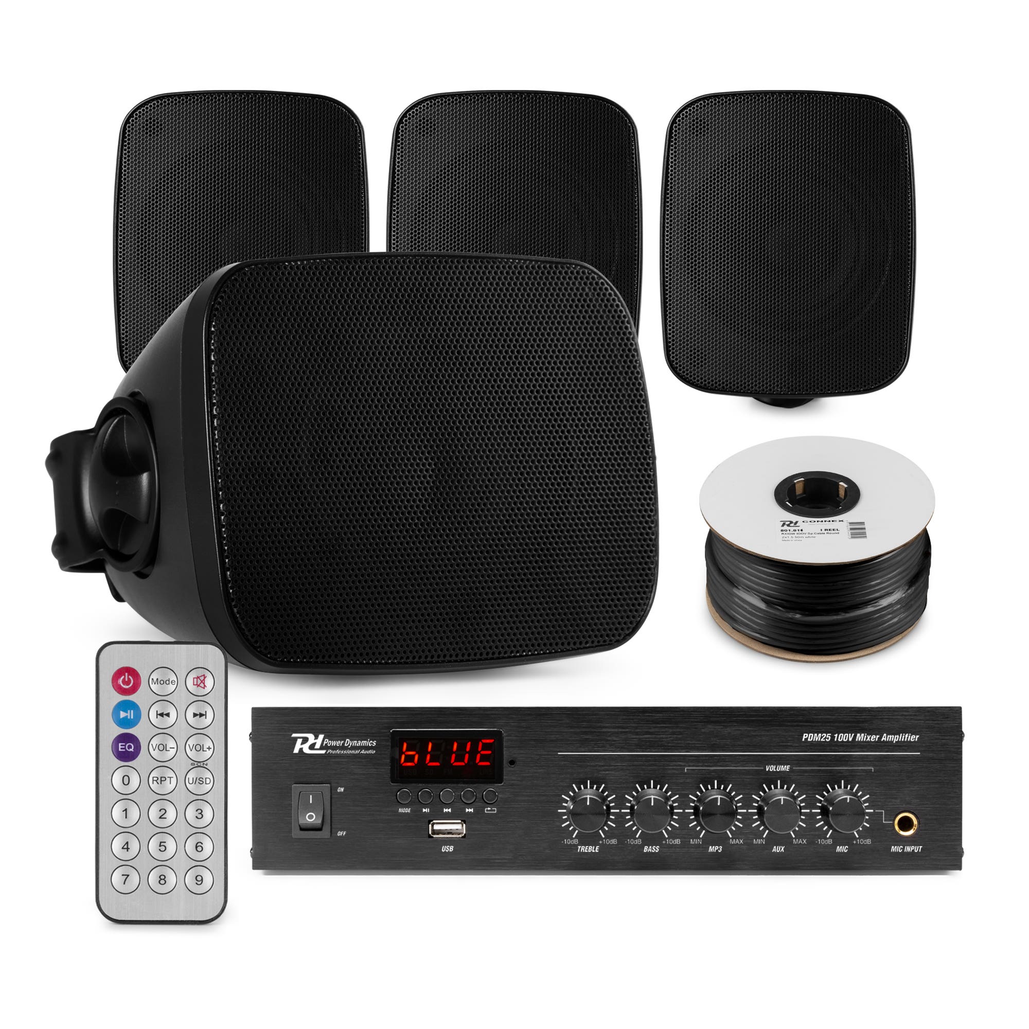 Power Dynamics buiten speakers set van 4 waterdichte mini speakers - Bluetooth en FM radio - Zwart