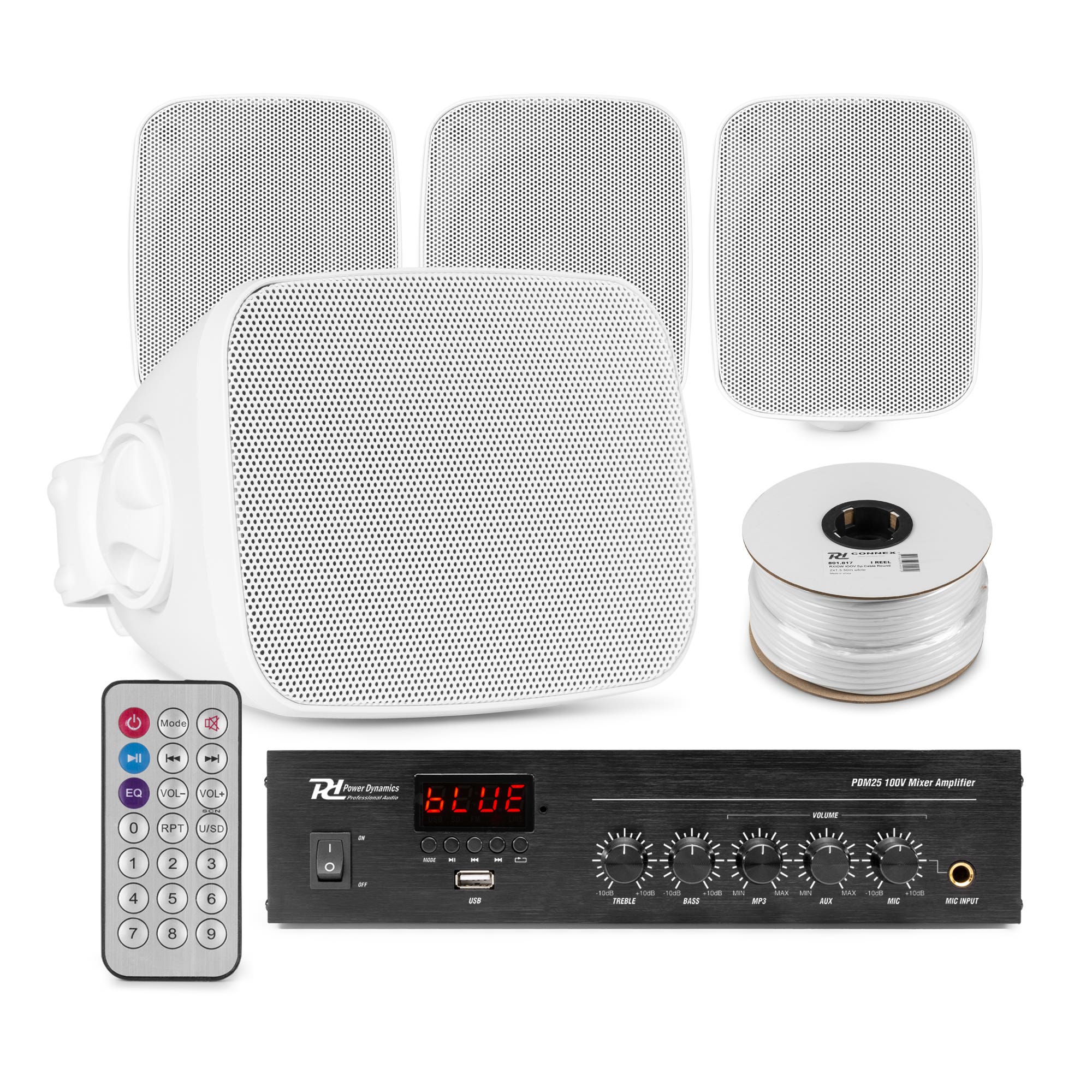 Power Dynamics buiten speakers set van 4 waterdichte mini speakers - Bluetooth en FM radio - Wit