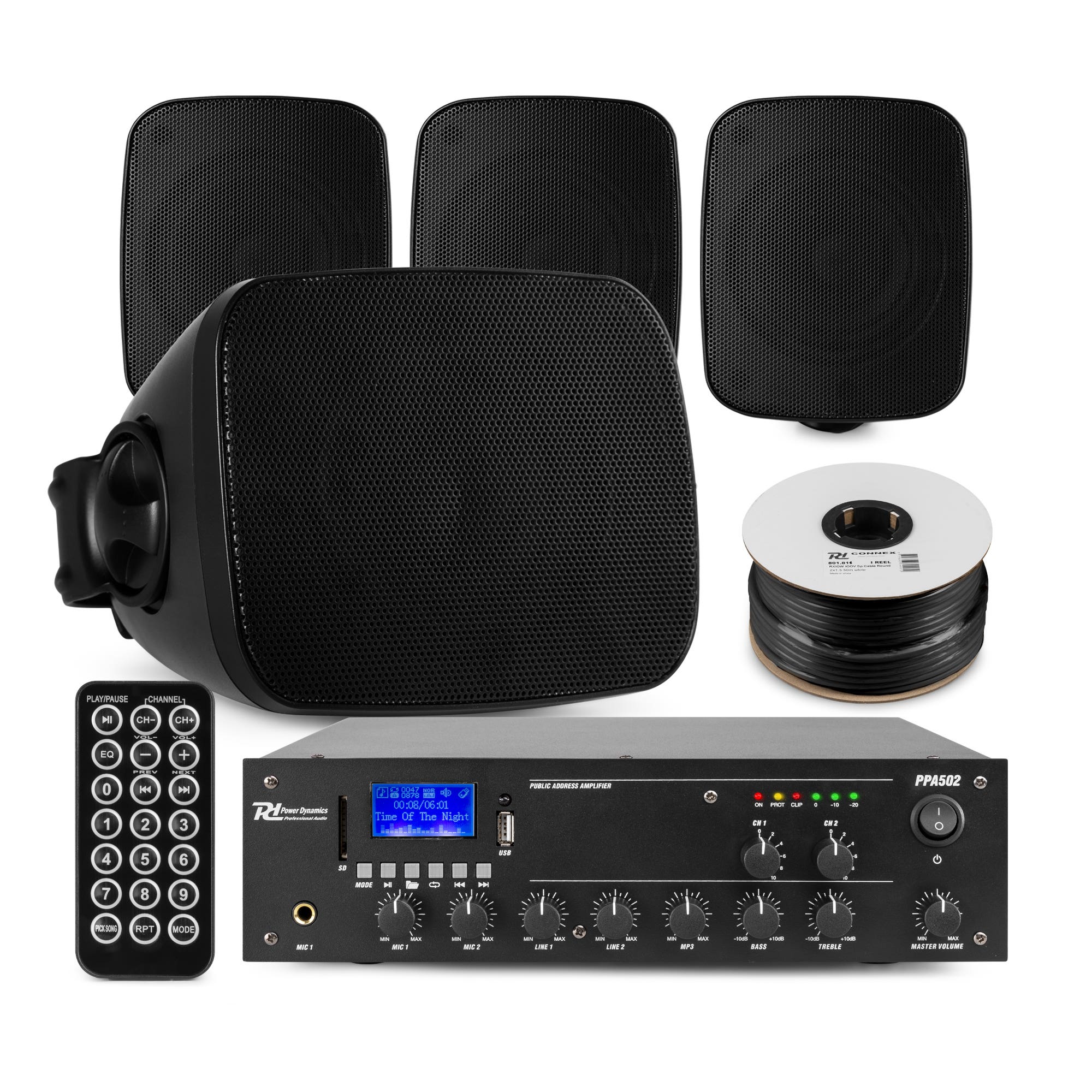 Power Dynamics set van 4 buiten speakers - 2-zone versterker met mini speakers - Bluetooth - Zwart