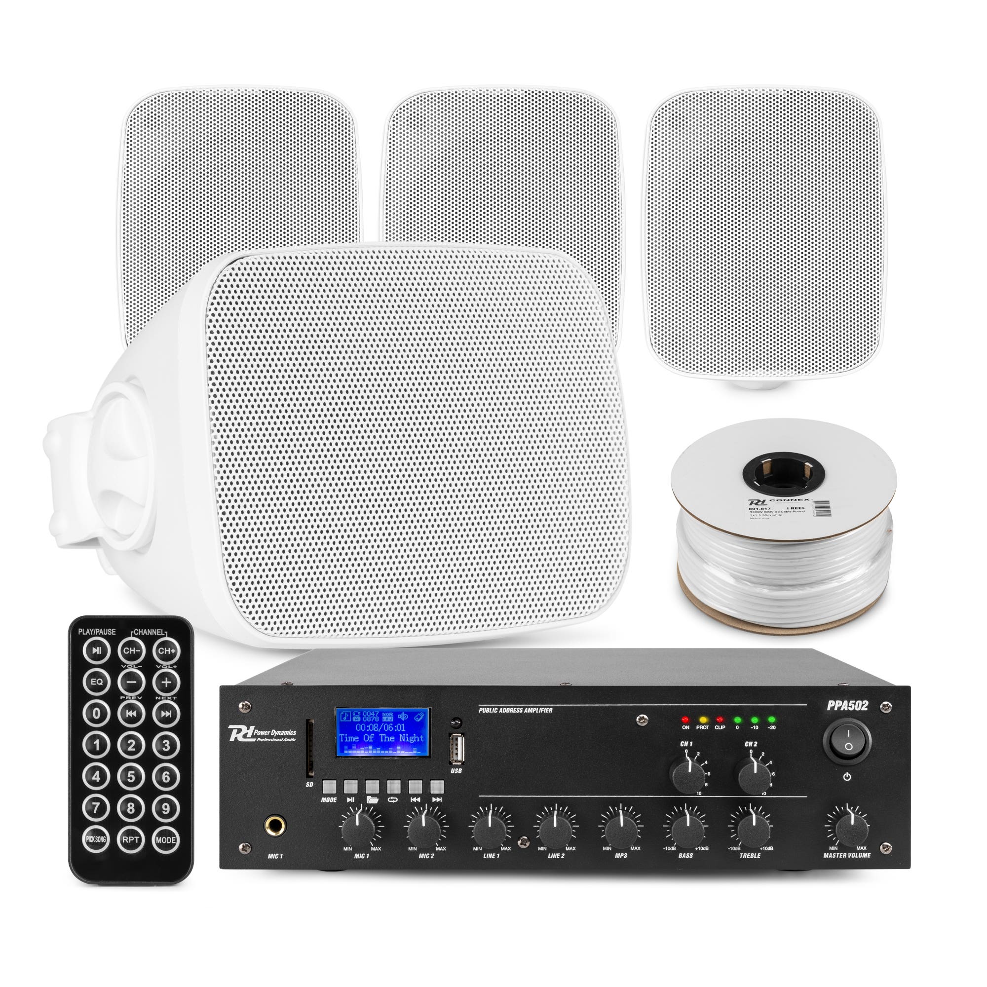 Power Dynamics set van 4 buiten speakers - 2-zone versterker met mini speakers - Bluetooth - Wit