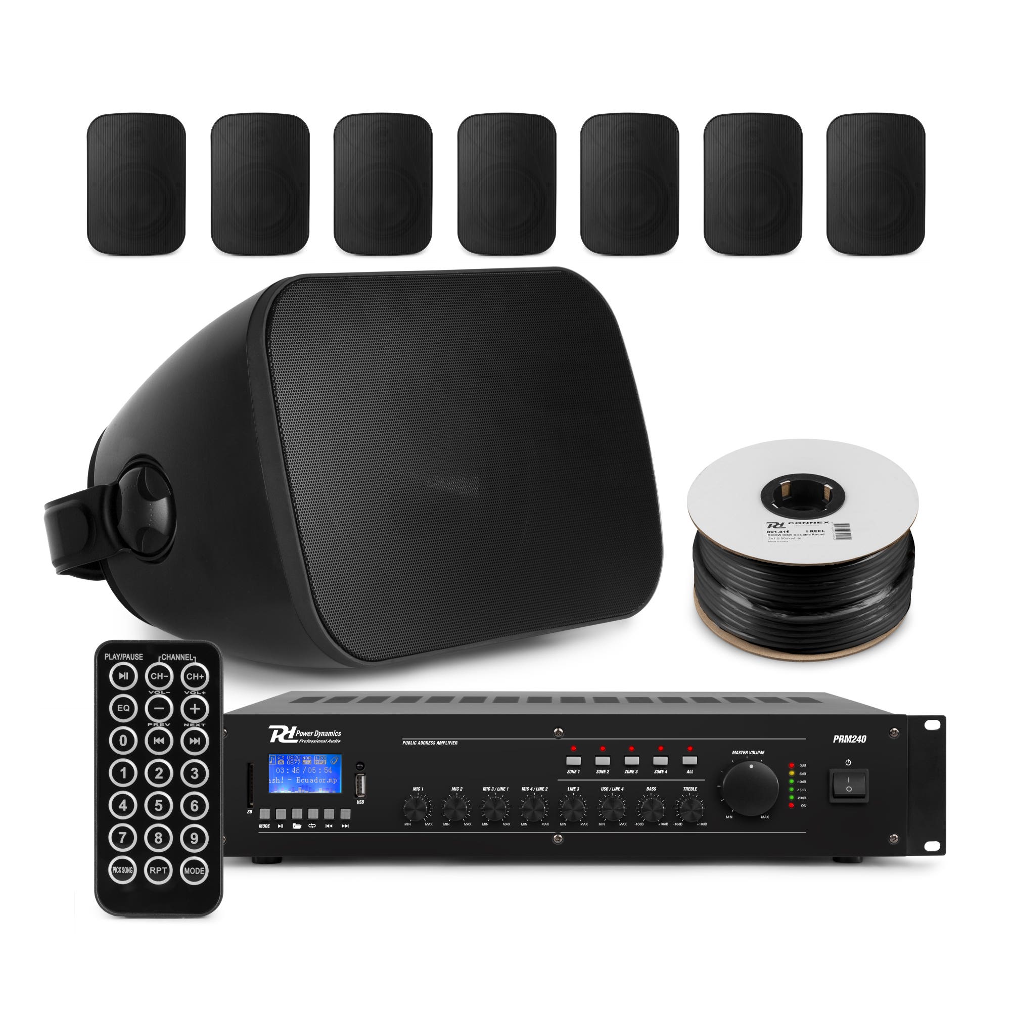 Power Dynamics professionele geluidsinstallatie werkplaats - 8x 100V speaker met versterker - Zwart