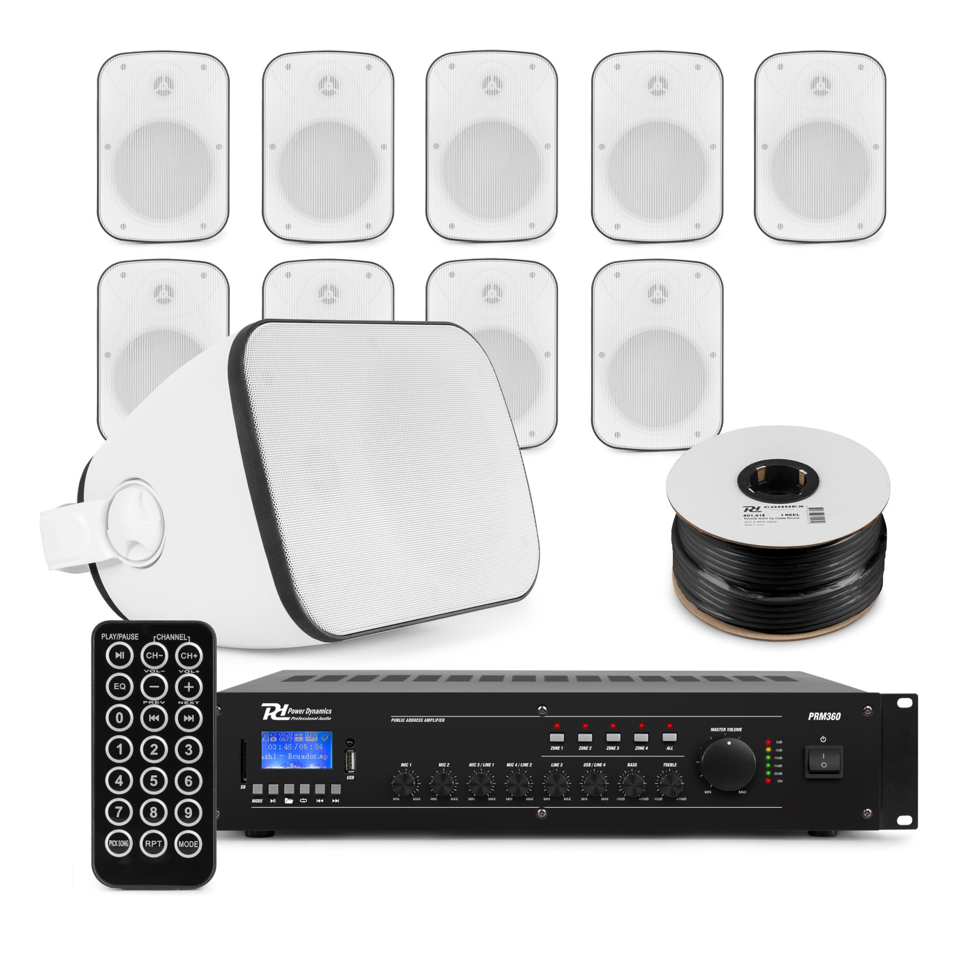 Power Dynamics complete 100V geluidsinstallatie - 10 speakers incl. versterker met bluetooth - Wit