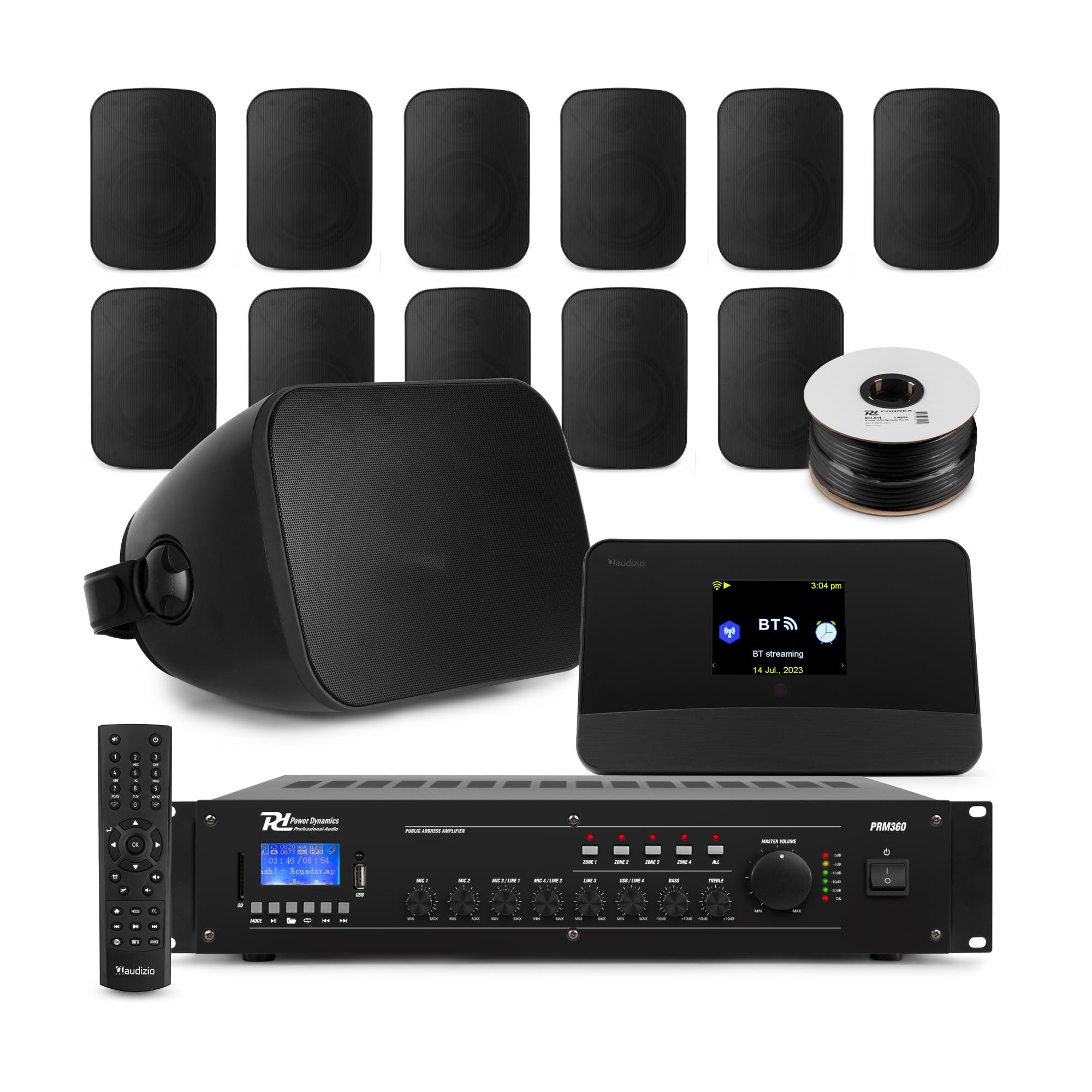 Power Dynamics 100V geluidsinstallatie met internet radio - 12 speakers met zone versterker - Zwart