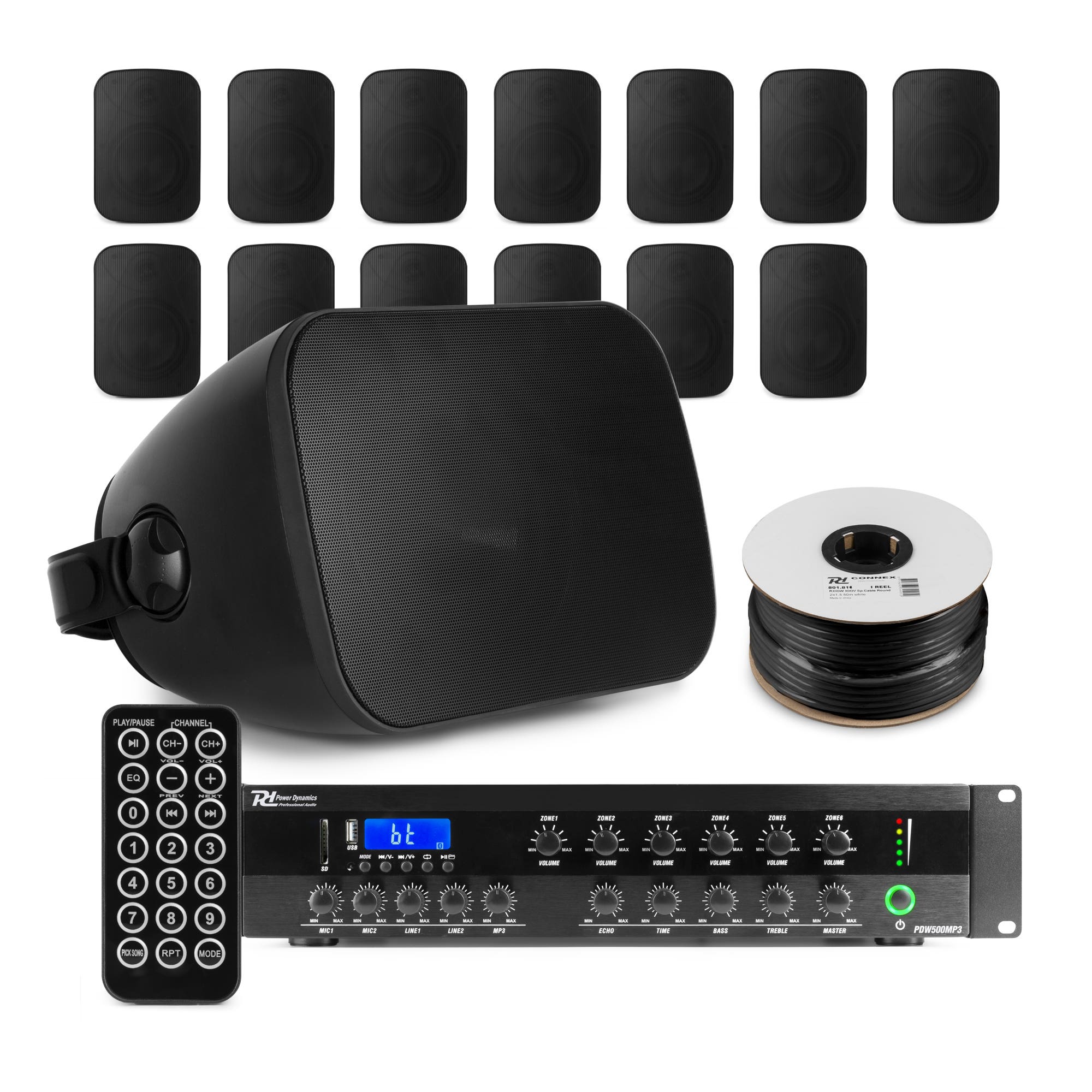 Power Dynamics professionele geluidsinstallatie - 14x speaker en 6-zone 100V versterker - Zwart