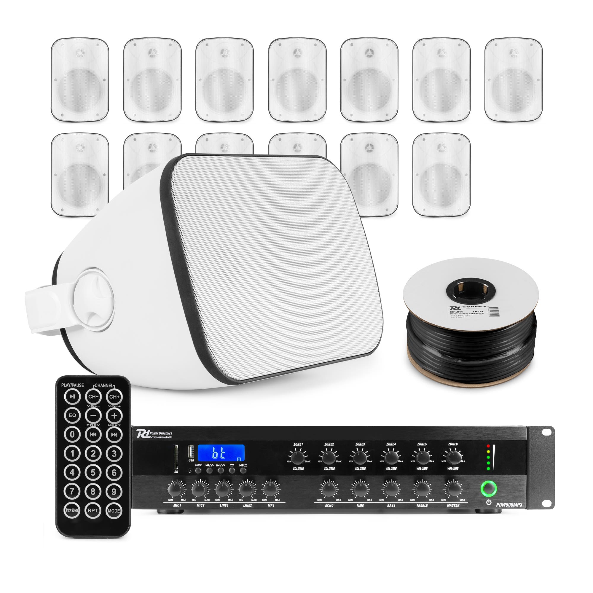 Power Dynamics professionele geluidsinstallatie - 14x speaker en 6-zone 100V versterker - Wit