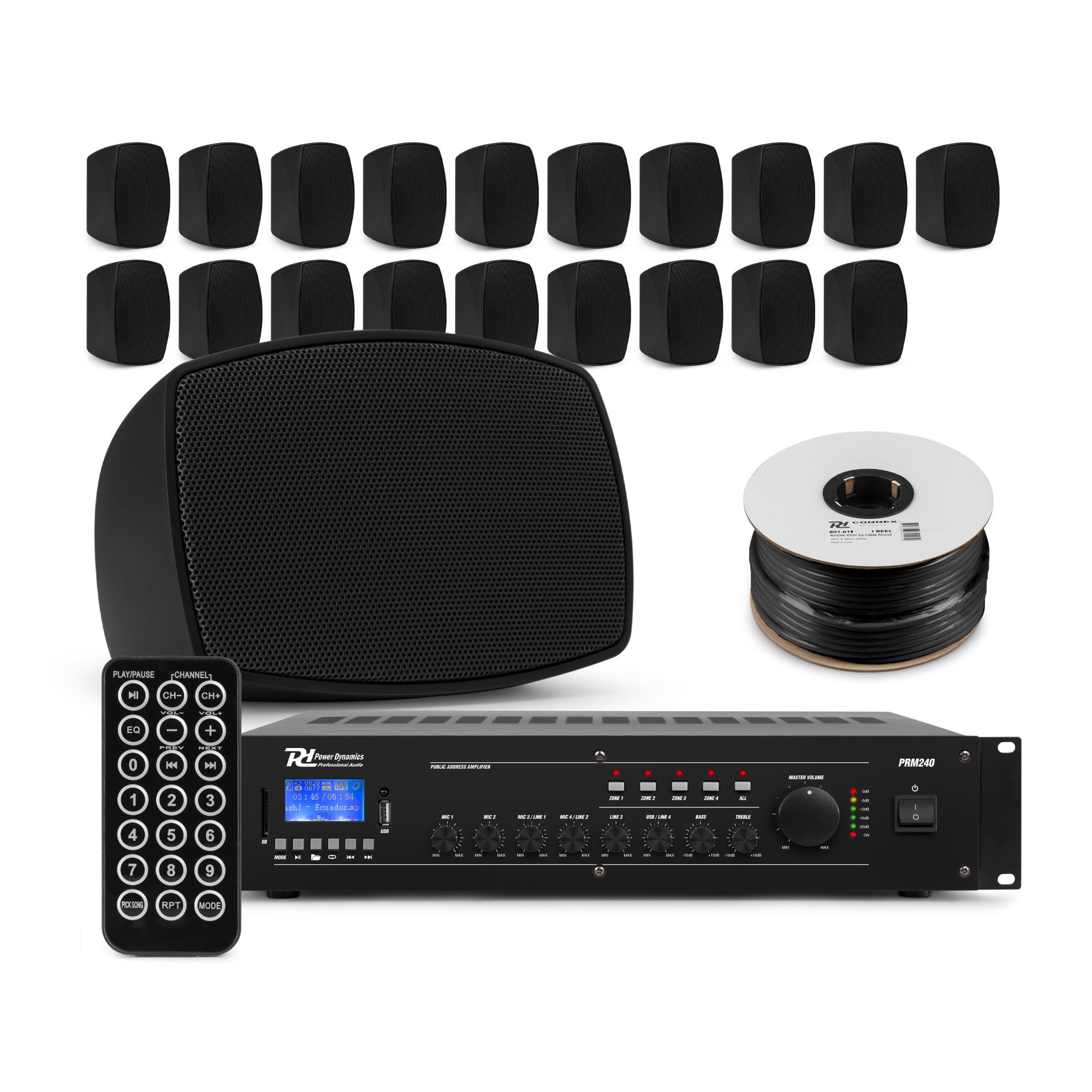 Power Dynamics complete geluidsinstallatie professioneel - 100V systeem met 20 wandspeakers - Zwart