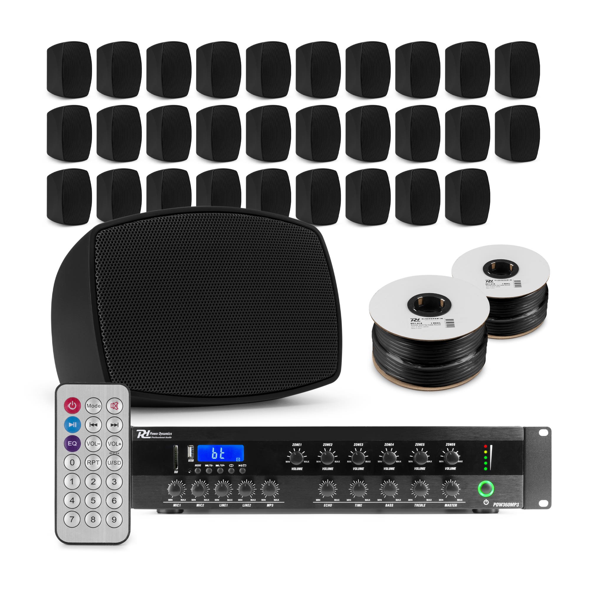 Power Dynamics 100V geluidsinstallatie professioneel - 30 speakers voor o.a. bedrijfspanden - Zwart