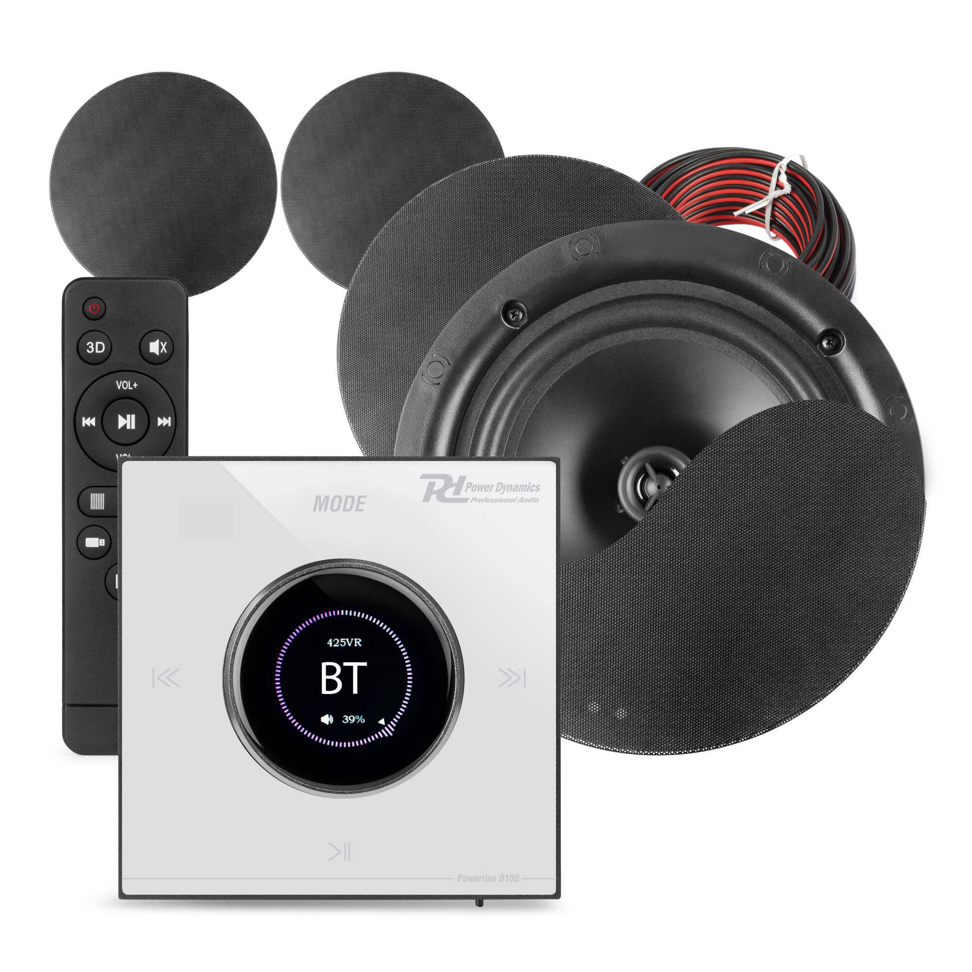 Power Dynamics Powerline B100W inbouw versterker met 4 plafondspeakers - 6.5 inch - 4x 25W - Zwart