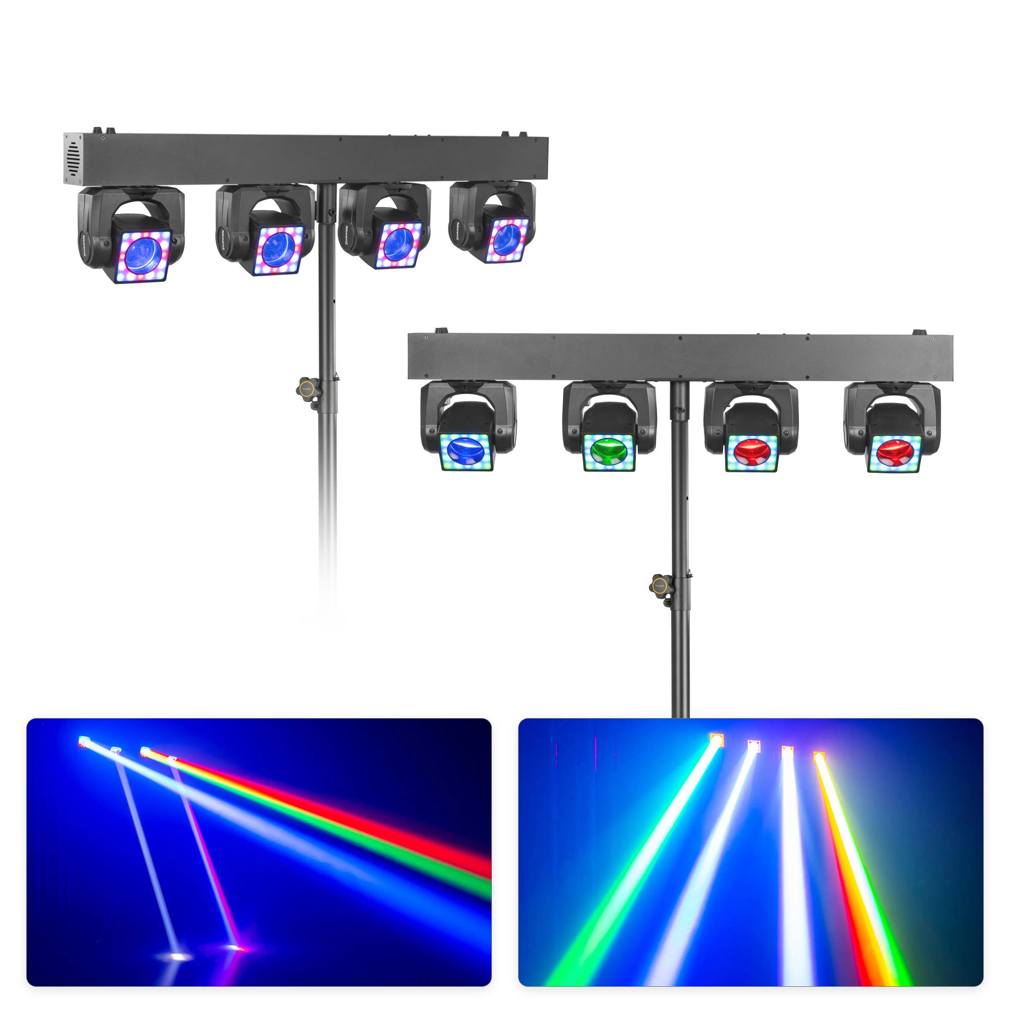 BeamZ ShowBar GO Shine - Set van 2 moving head bars op statief - Ingebouwde LED ringen - RGBW - 160W