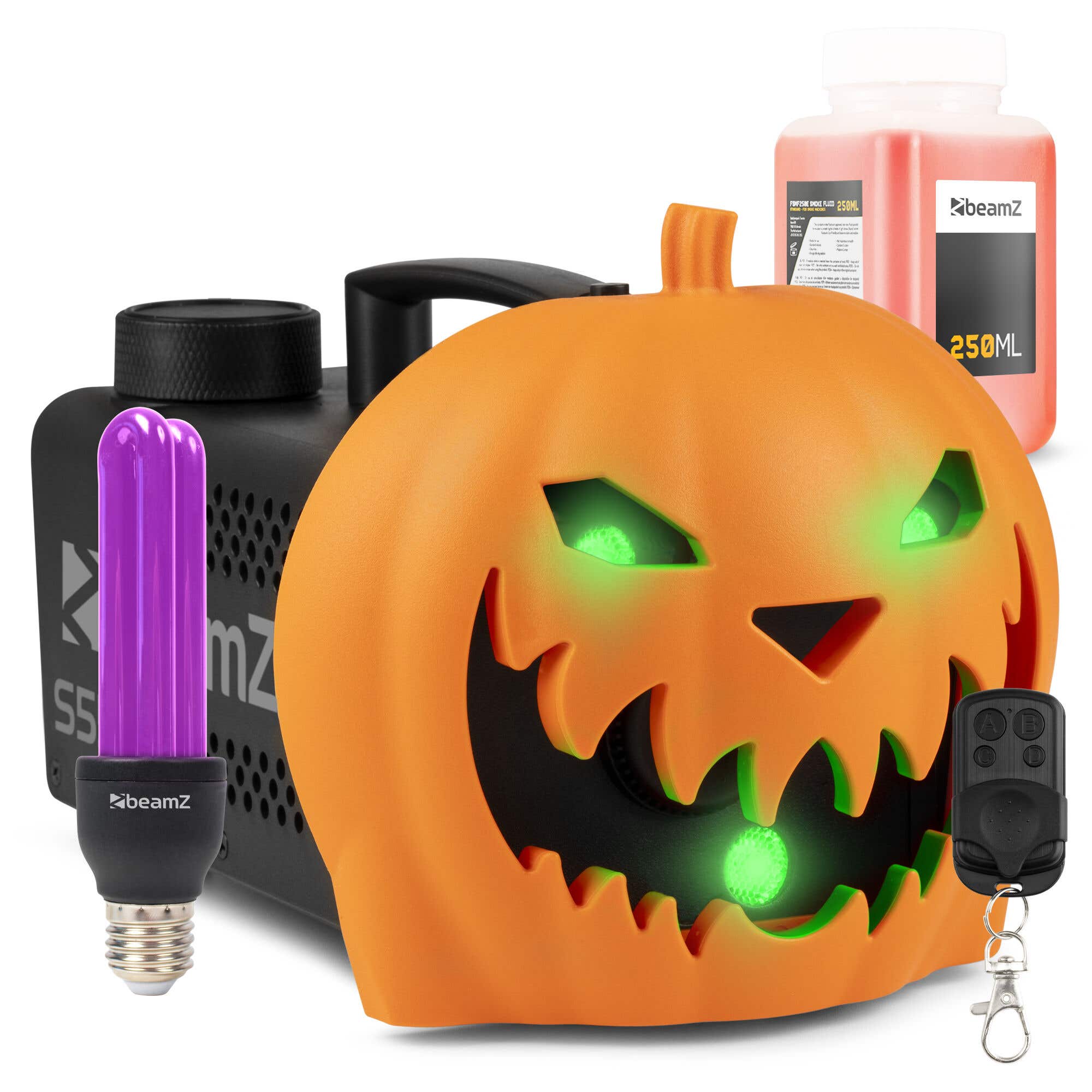 BeamZ Halloween rookmachine partyset - Met opklikbare pompoen - UV blacklight lamp en lichteffecten