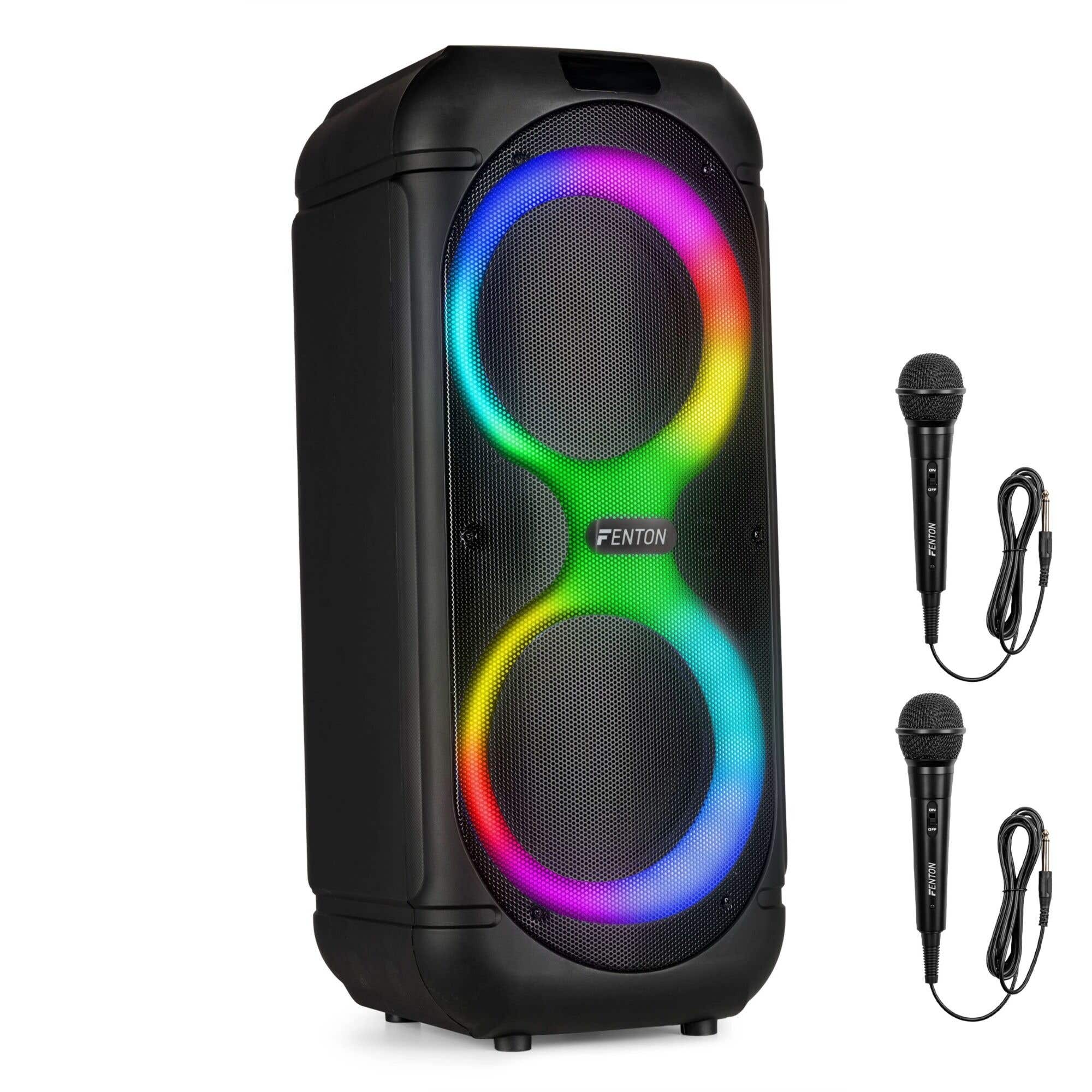 Fenton Track510 party box - Party speaker met LED’s en 2x 8 inch woofers - Inclusief 2 microfoons - 160W