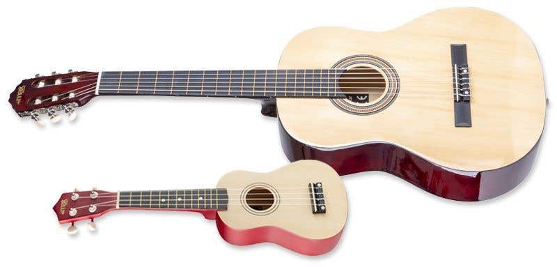 Het verschil in grootte tussen een ukelele en gitaar duidelijk weergegeven