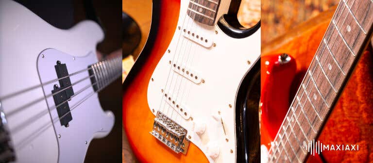 Een close-up van de klankkast, snaren, pick-ups en hals van een elektrische gitaar