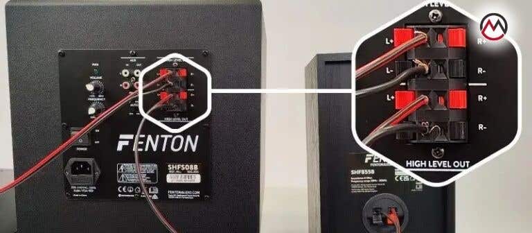 Un ejemplo de cómo conectar el subwoofer con uno de los altavoces.
