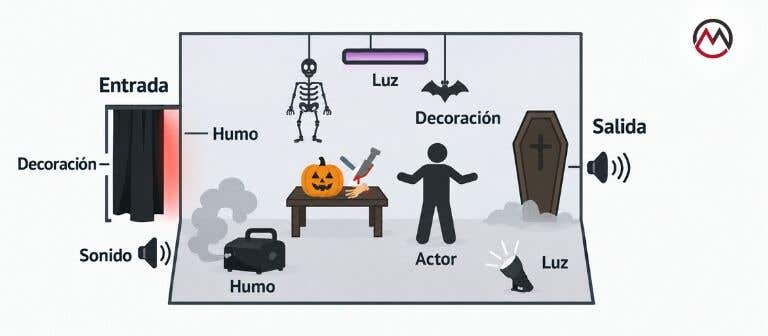 Dibujo esquemático de la distribución de habitaciones de Halloween para una casa del terror DIY